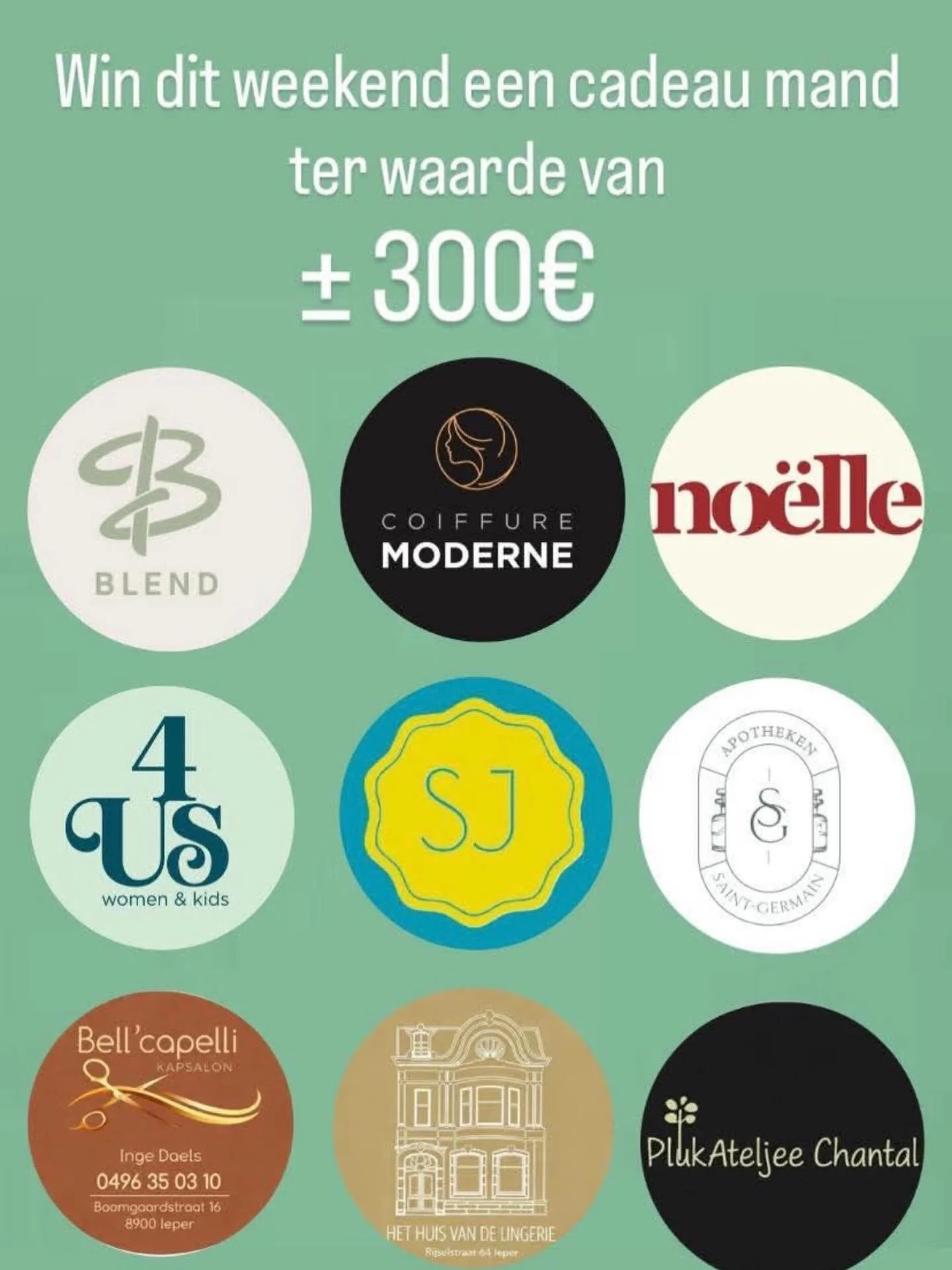 ✨ Win een pakket t.w.v. &euro;300! ✨

Tijdens het Fashion Weekend slaan enkele lokale handelaars de handen in elkaar.

🛍️ Koop iets of laat je behandelen bij &eacute;&eacute;n van de deelnemende zaken, vul je naam + gsm-nummer in en deponeer het in 