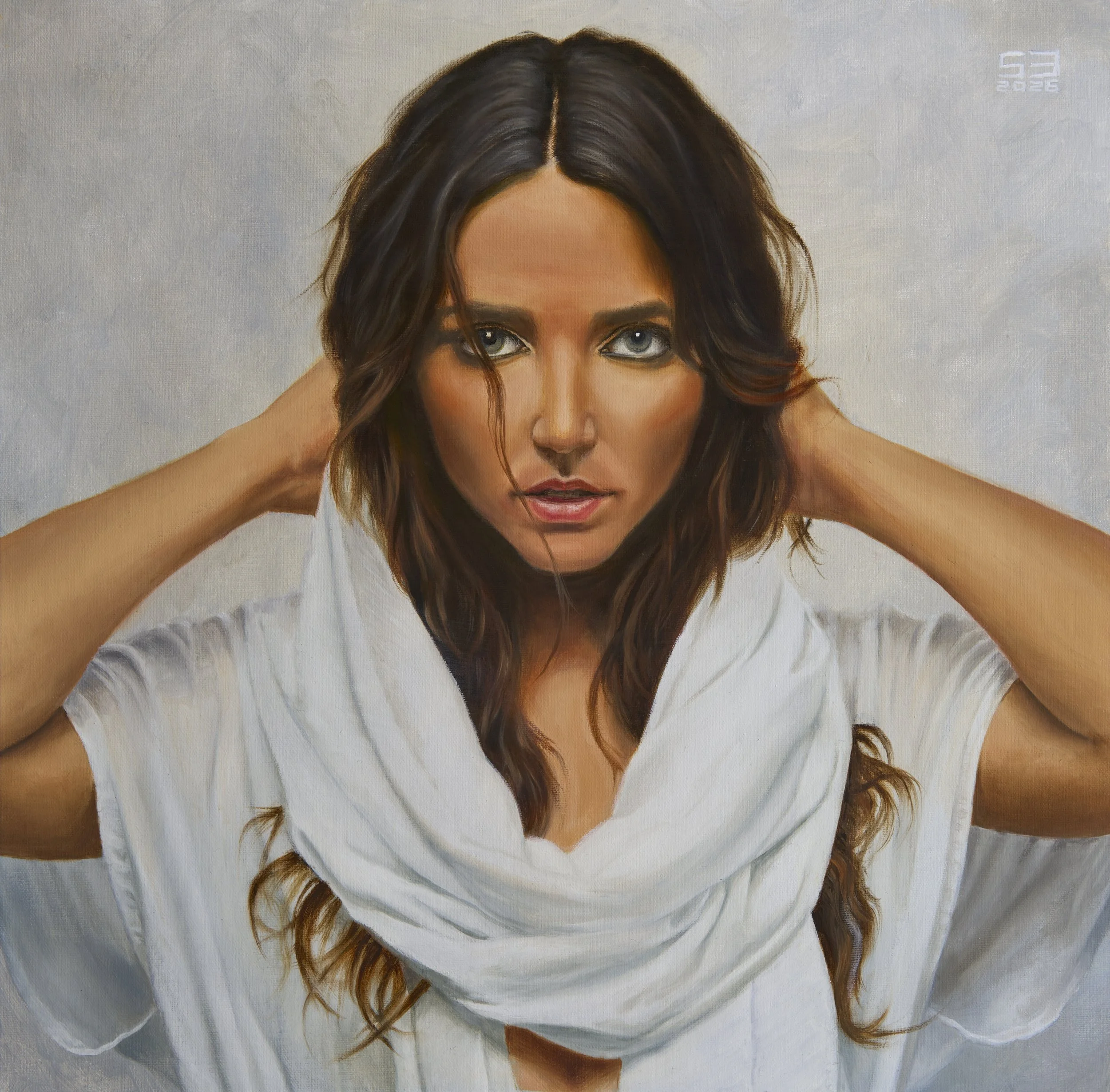 Girl with white shawl 2 16x16 Oil on linen panel