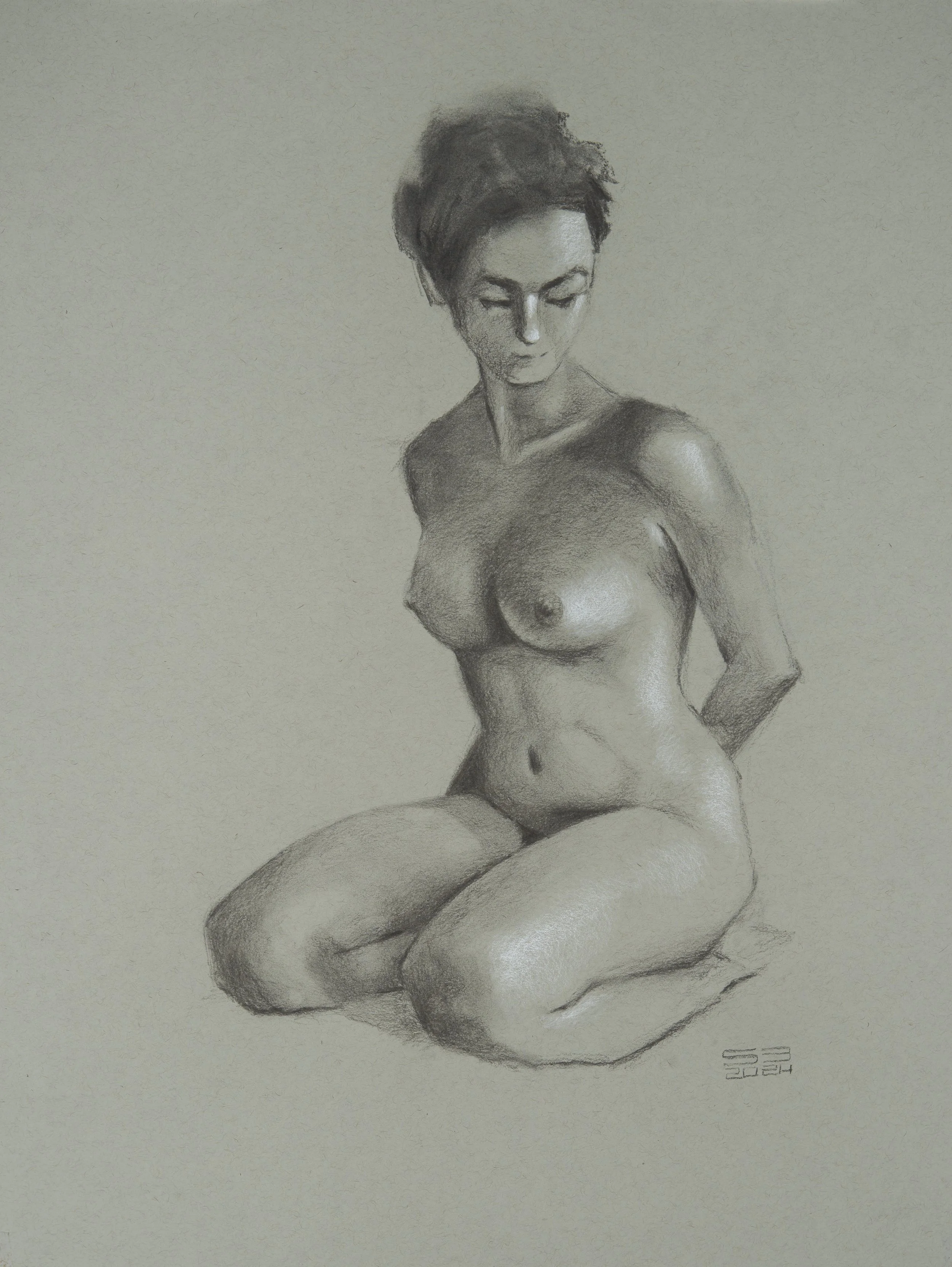 Nude 6. 8x12 Charcoal and white chalk on grey paper. 
(Original drawing by Jeff Haines.)
