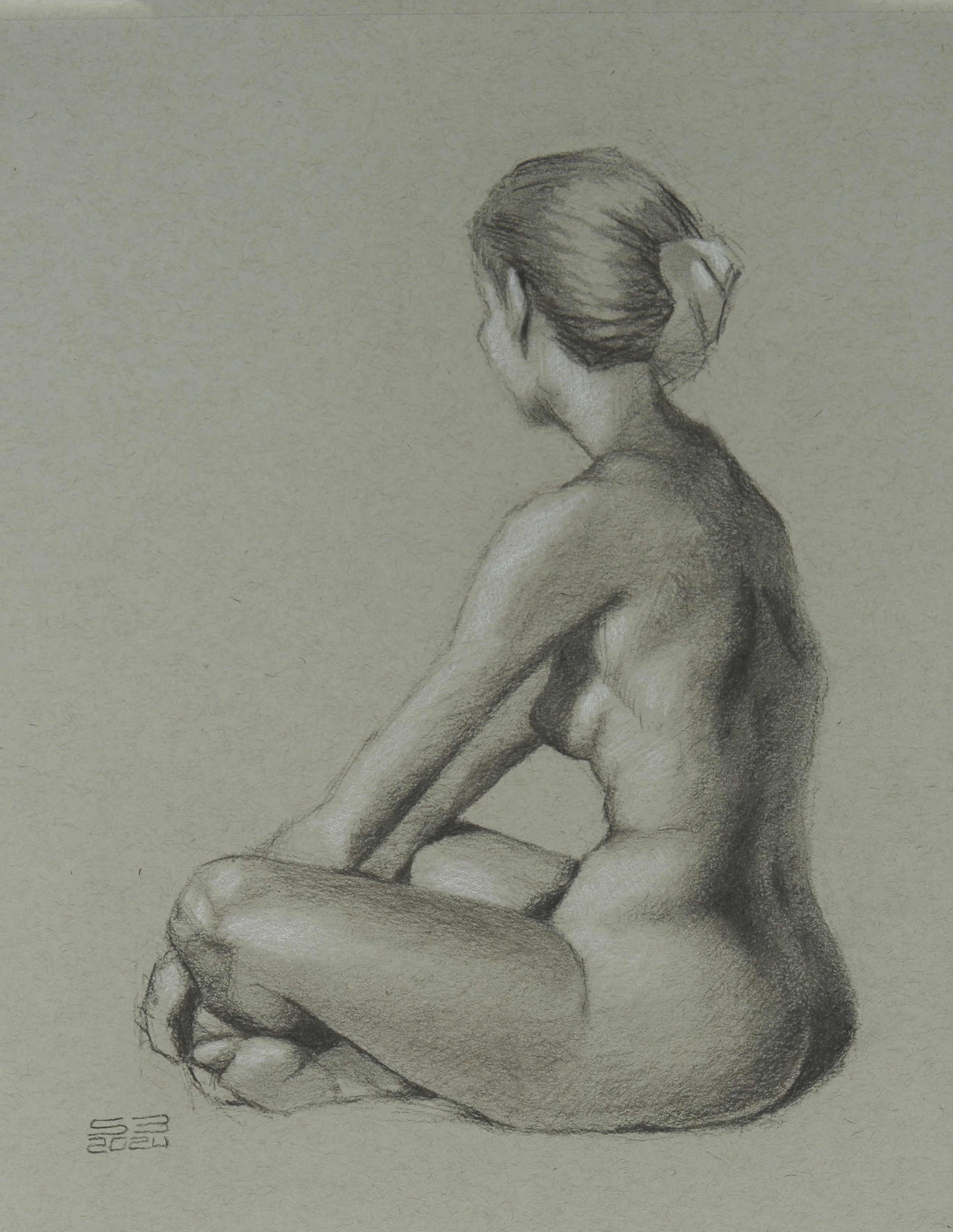 Nude 7. 8x12 Charcoal and white chalk on grey paper. 
(Original drawing by Jeff Haines.)