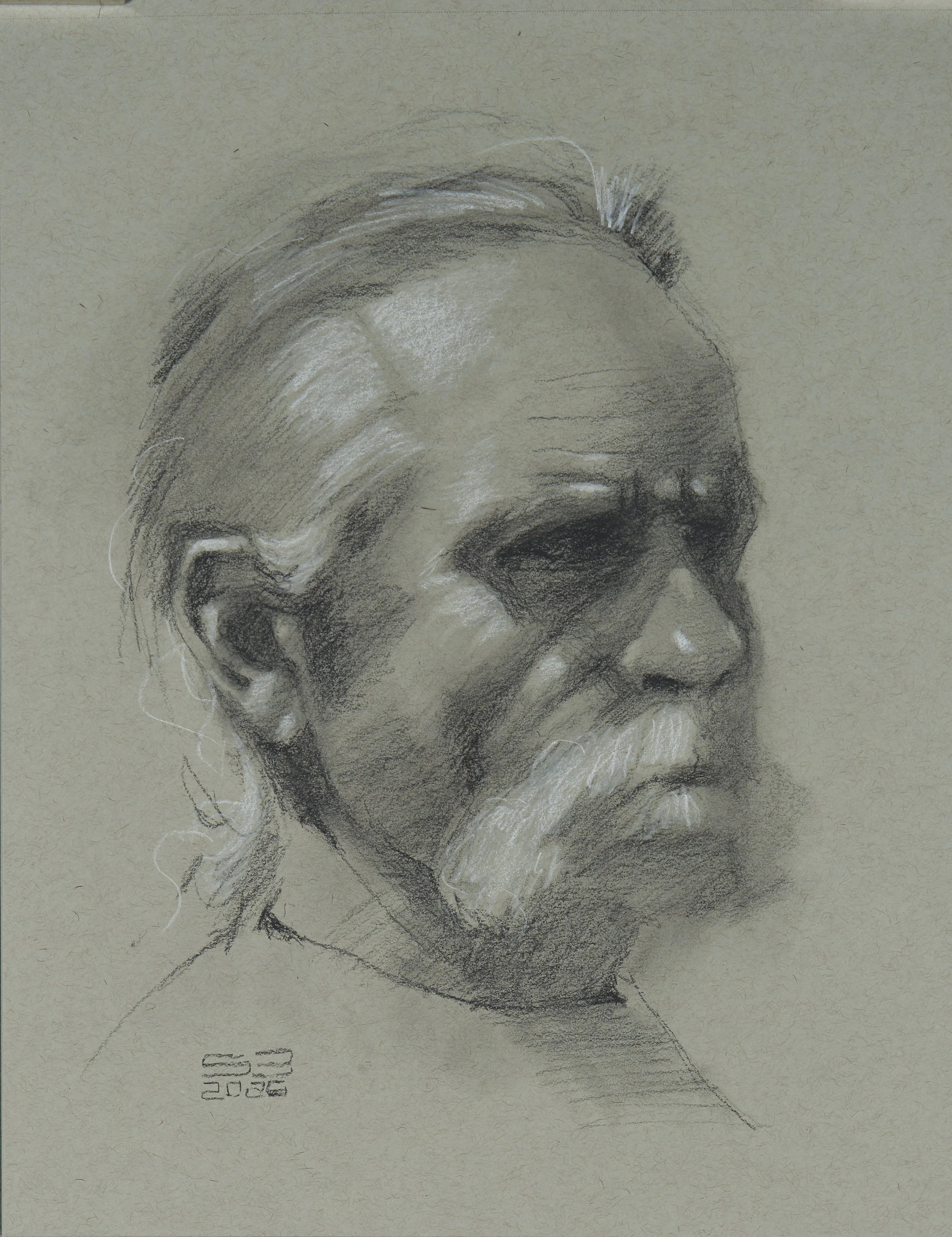 Portrait. 8x12 Charcoal and white chalk on grey paper. 
(Original drawing by Jeff Haines.)