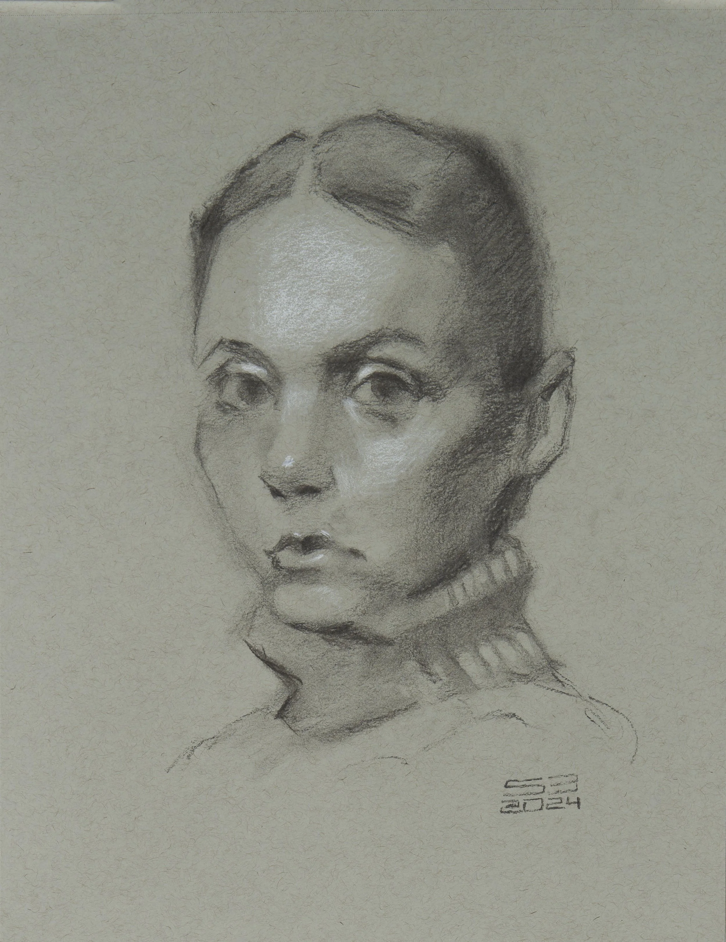 Portrait. 8x12 Charcoal and white chalk on grey paper. 
(Original drawing by Jeff Haines.)