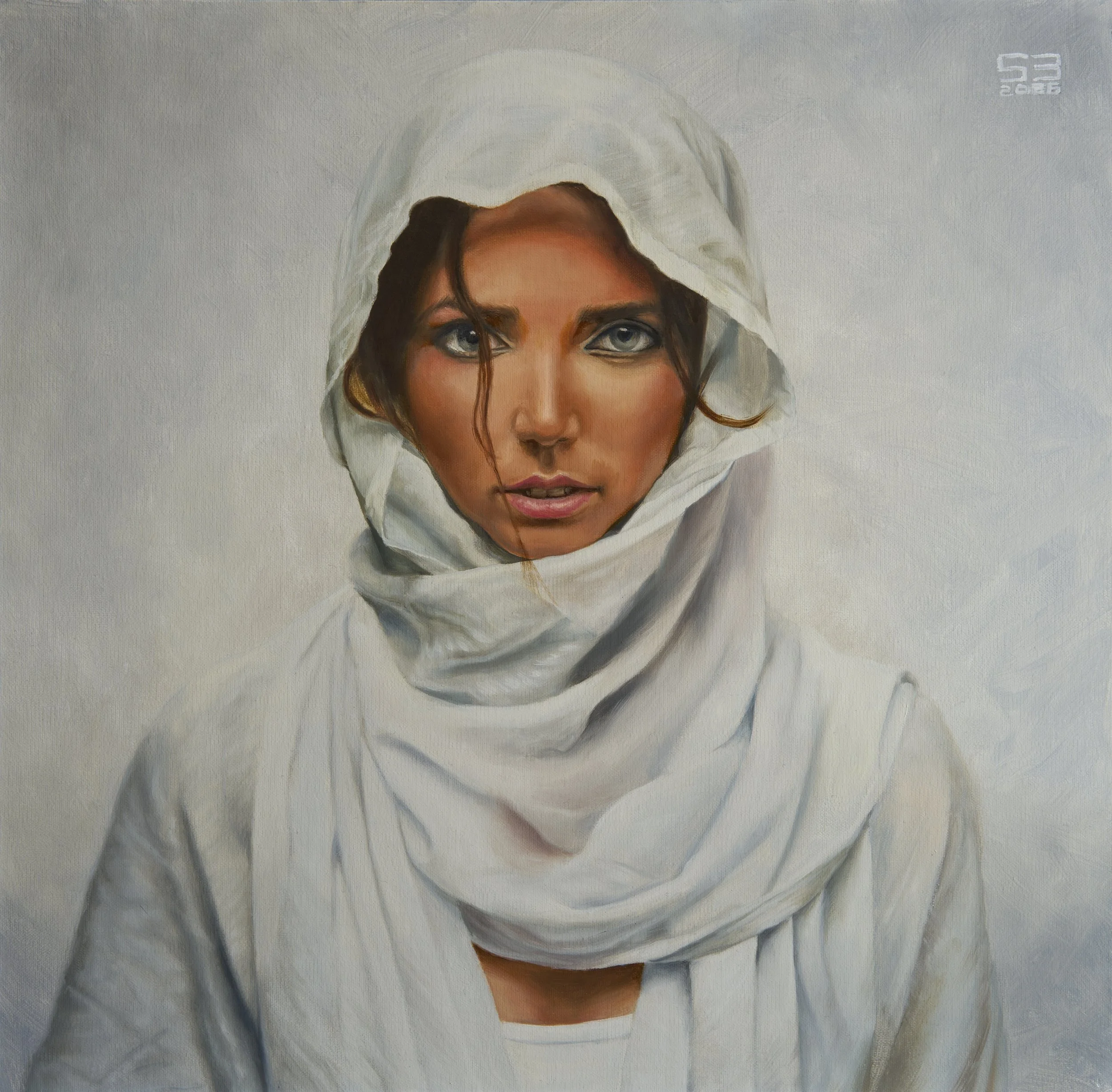 Girl with white shawl 1 16x16 Oil on linen panel