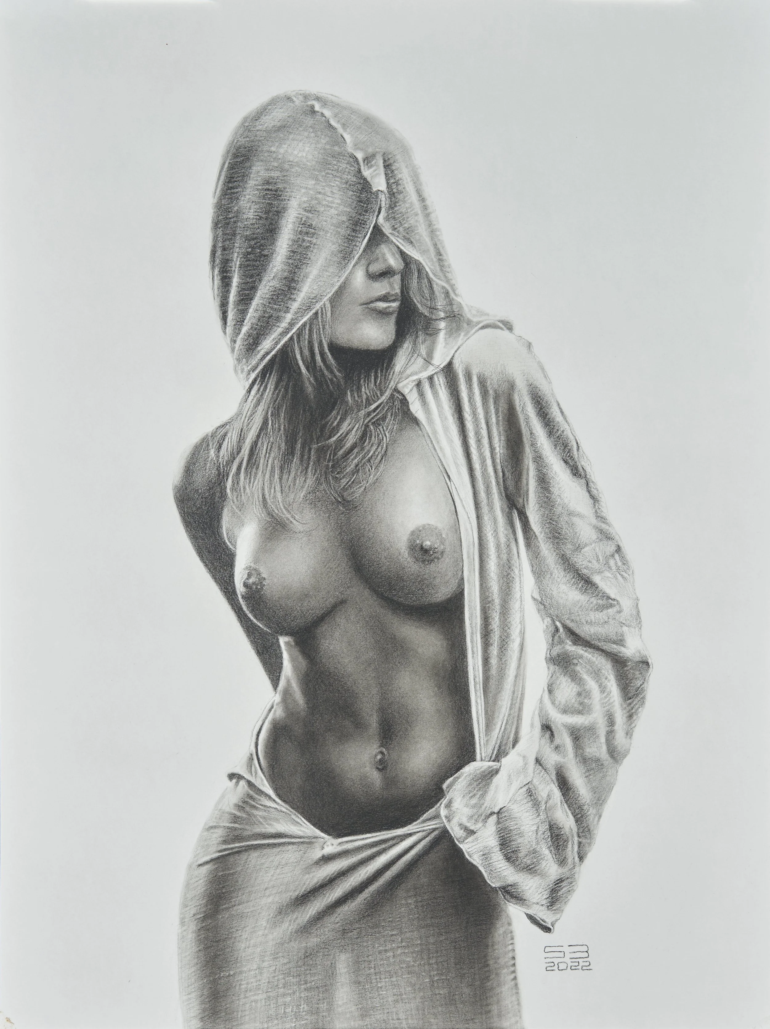 Shawl. 18x24 Charcoal and white chalk on white paper. 