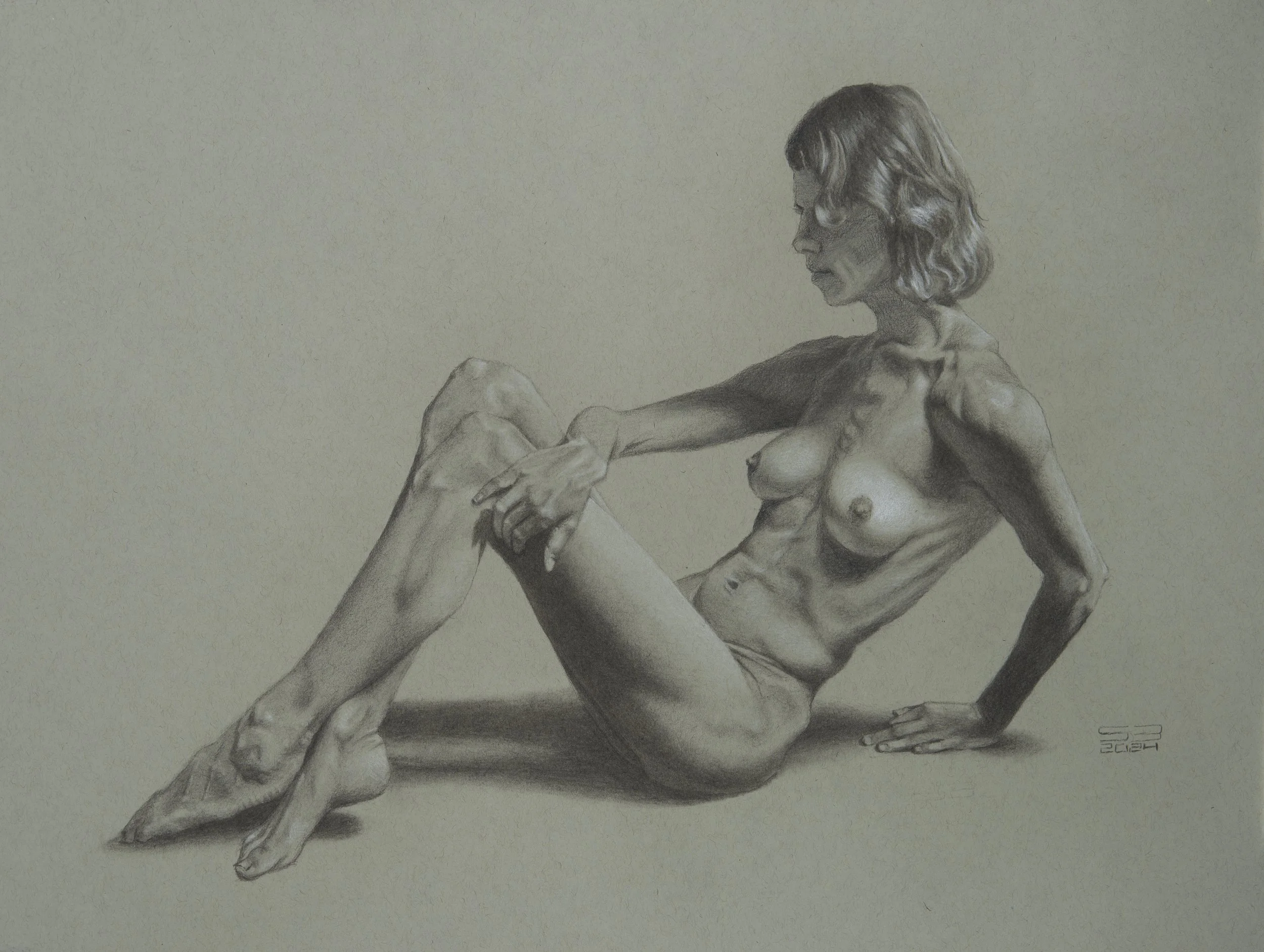 Nude 8. 24x18 Charcoal and white chalk on grey paper.
(New Art Academy.)
