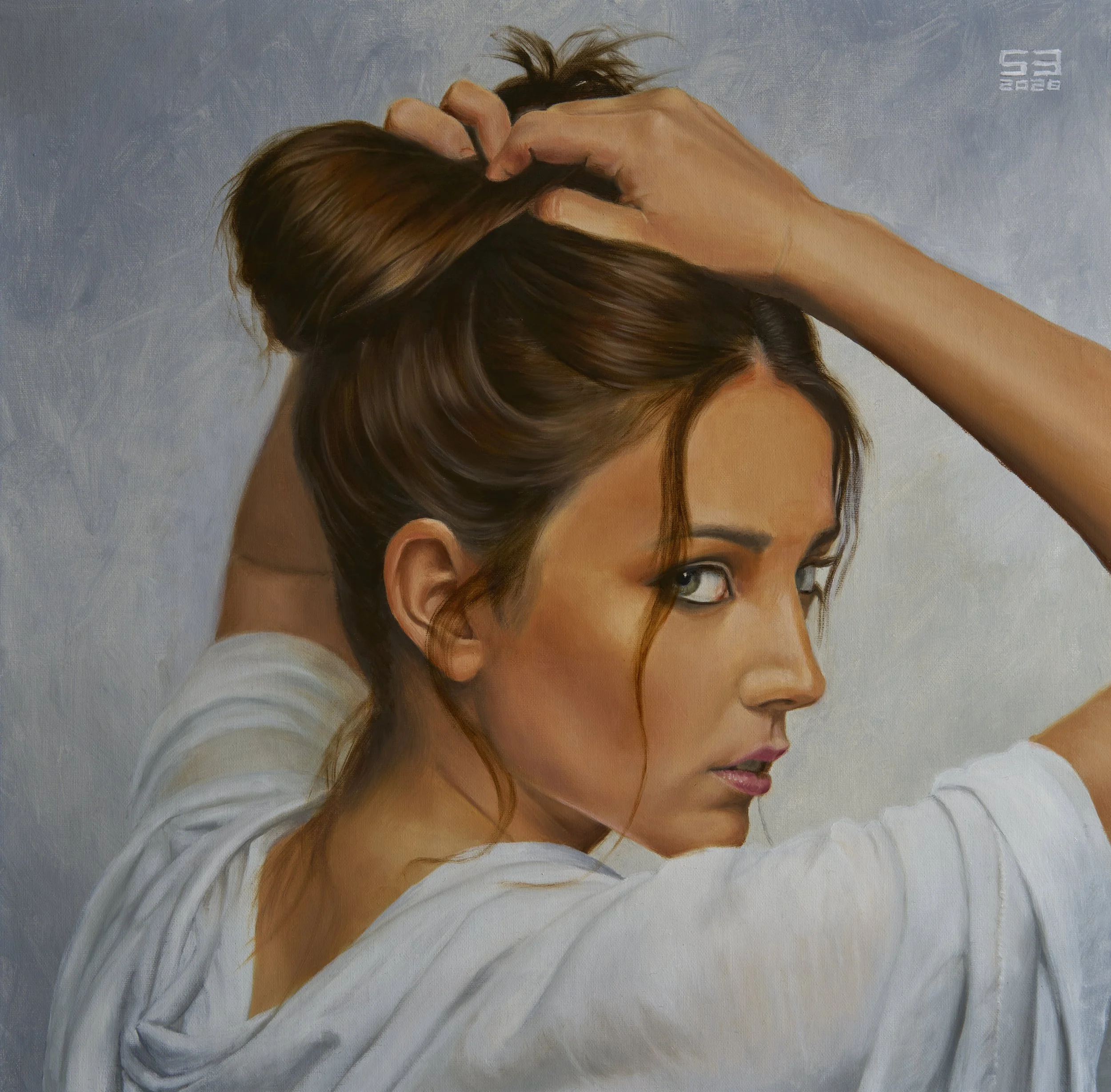 Girl with white shawl 3 16x16 Oil on linen panel