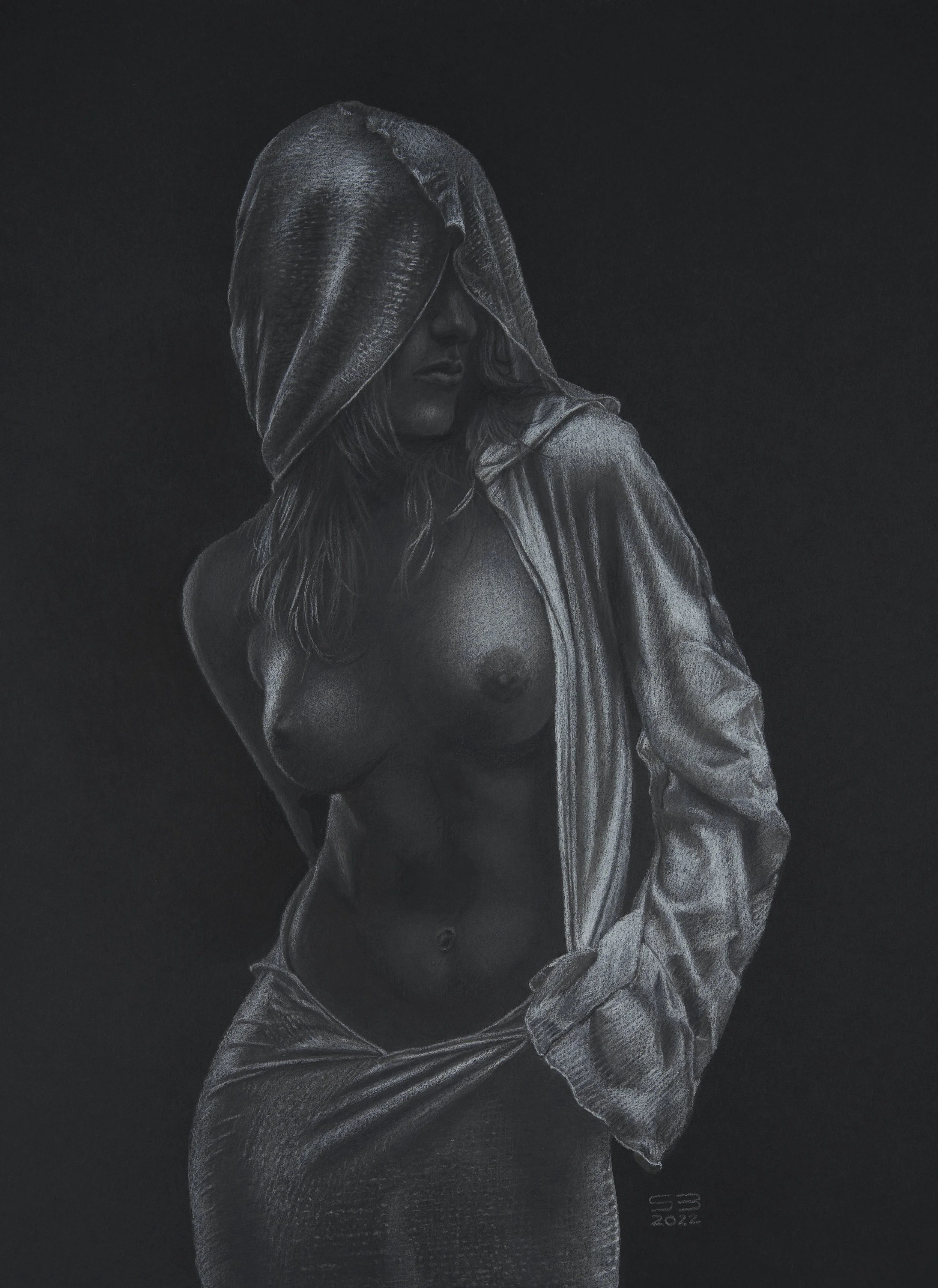 Shawl. 18x24 Pastel and white chalk on black paper. 