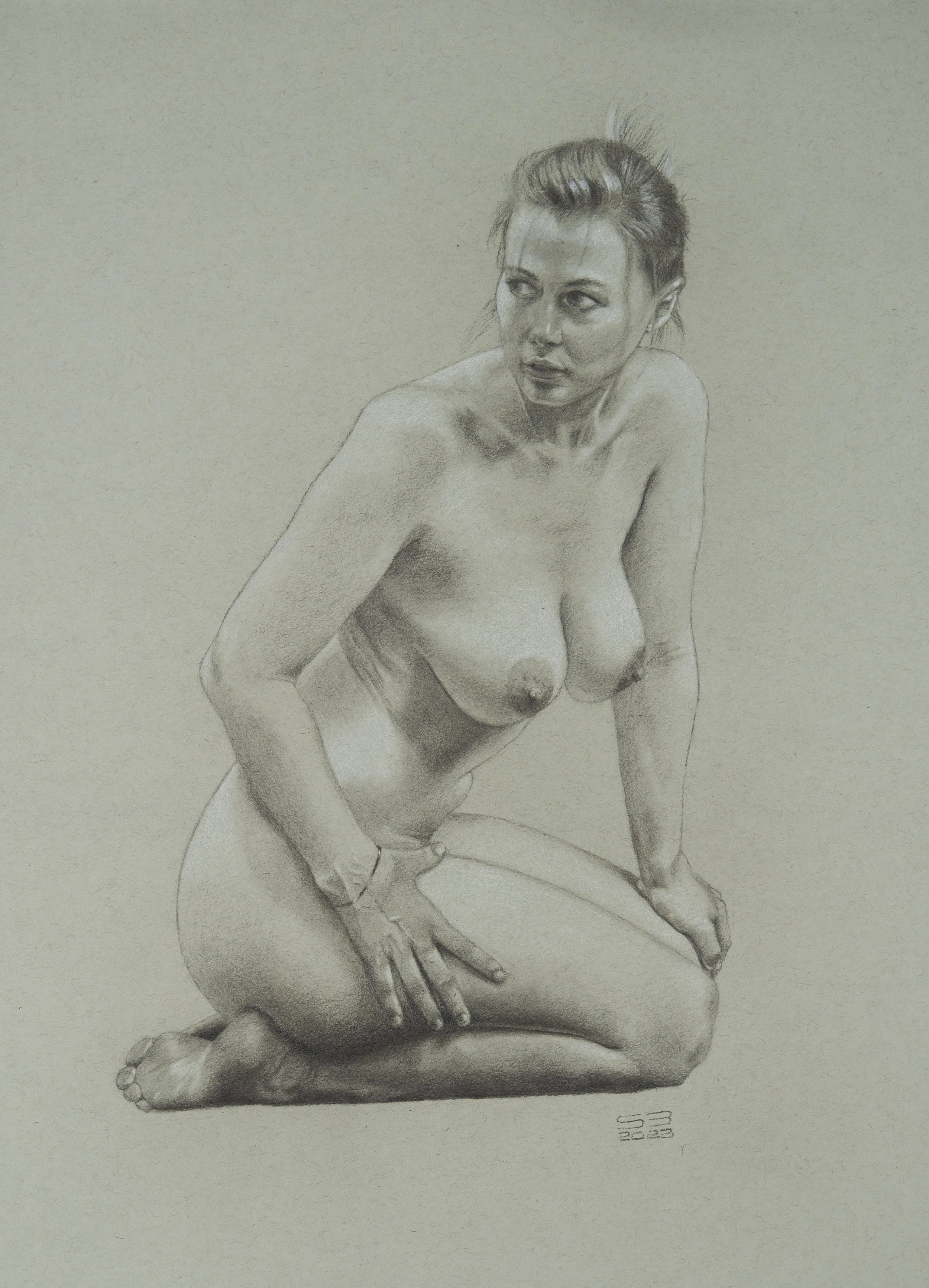 Nude 5. 18x24 Charcoal and white chalk on grey paper. 
(New Art Academy.)