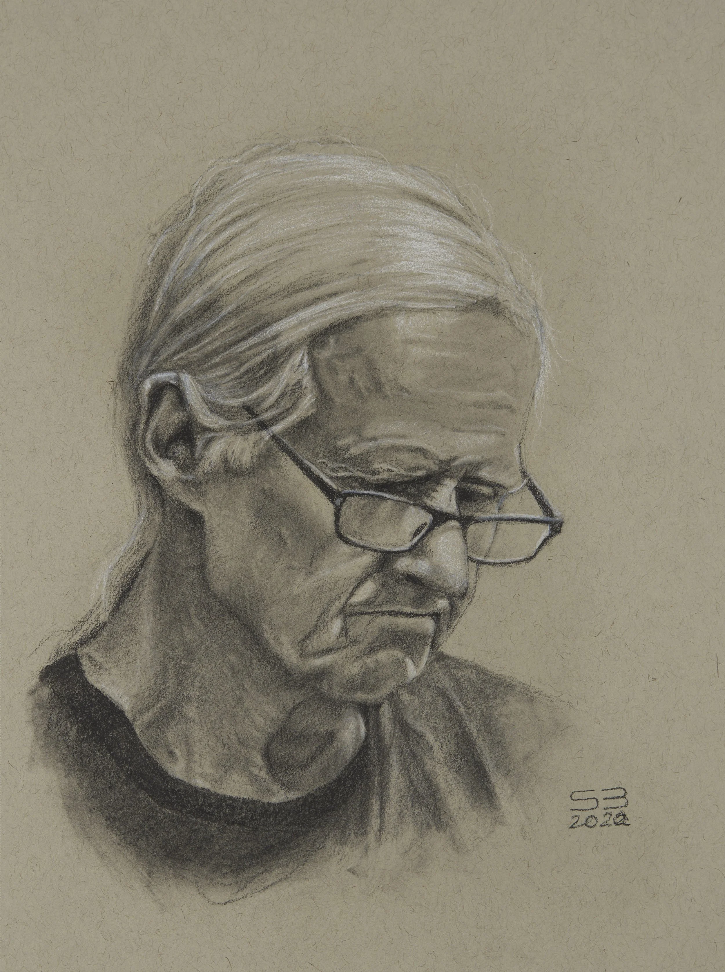 Charcoal and white chalk on grey paper