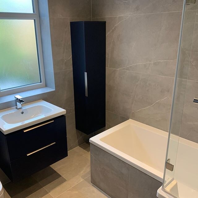 Just completed - Before &amp; After: as much as I actually like the orange retro styling of the old, I much prefer the blue on grey of the new! Lovely 1200 b 600 tiles, great to work with. All with app controlled underfloor heating, heated mirror and