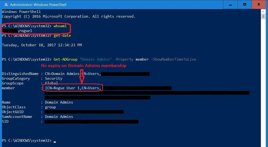And just to confirm: More than 20 minutes later – when TempGroupUser’s TTL has expired and is no longer Domain Admin – Rogue1, that was created using TempGroupUsers temporary group Membership, is still able to log on as Domain Admin and with no time…