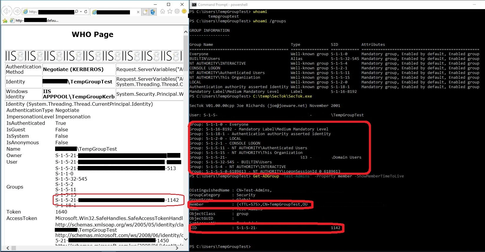 As you see in the attached screenshot, the web page recognizes the user’s membership of the group “Test-Admins” (SID ending in “1142”), which is what gives access to the page.But looking at the clients local access token (using joeware.net’s SecTok)…