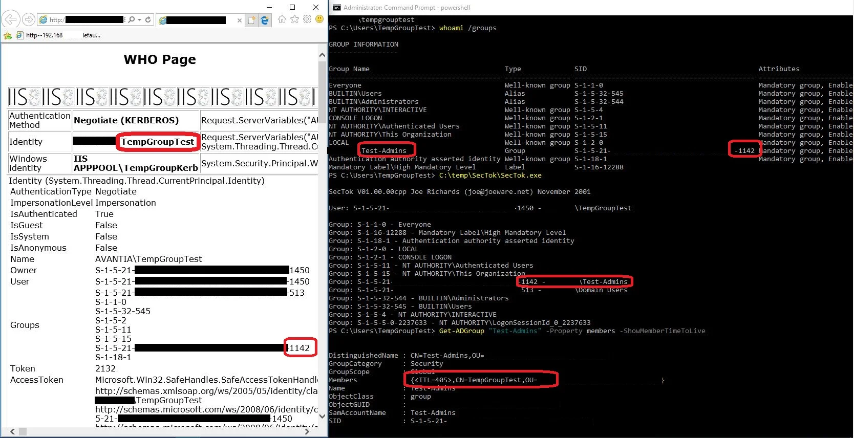 Having logged on after being temporarily added to the Test-Admins group, we have full SSO to the website, and the local access token has Test-Admins represented.
