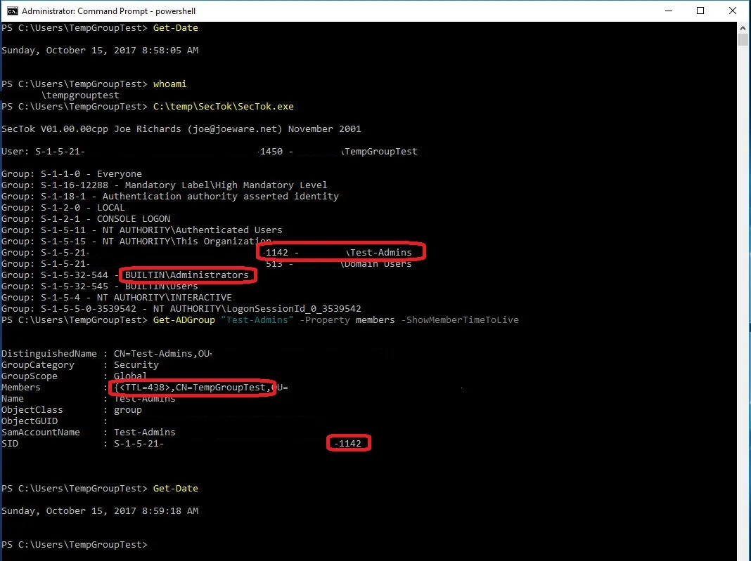 As you can see in the output from SecTok.exe, both membership of Test-Admins and the local Administrators group are in the access token on the local client. (and Active Directory also confirms the membership of the group).Note the time 8:59 AM.