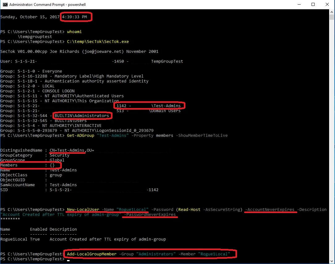 Now – at 4:39 PM – memberships of both Test-Admins and therefore also local Administrators groups are still in the local access token, although Get-ADGroup confirms the user is not a member of the group according to Active Directory.To proof the adm…