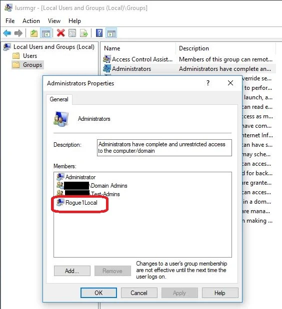And using the MMC console, we can verify the successful addition of Rogue1Local to the Administrators group. (Using the same console we can also take advantage of the “lingering administrative permissions“ to remove the user again or create another)