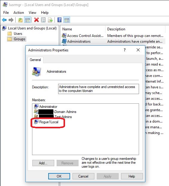 And using the MMC console, we can verify the successful addition of Rogue1Local to the Administrators group. (Using the same console we can also take advantage of the “lingering administrative permissions“ to remove the user again or create another)