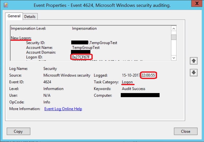 TempGroupTest connects to the file share at 10:00 PM, as shown the Logon Event on the file server