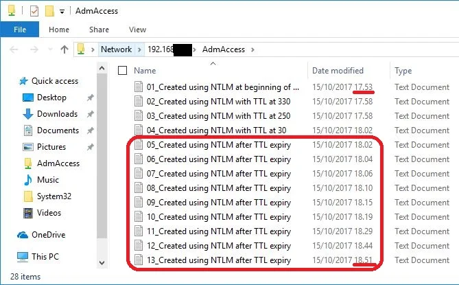 As you see in the screenshot, I’m able to continue writing to the share, as long as I keep the SMB connection (and with that the Logon Session) alive. Even 49 minutes after the expiry of the user’s group membership!