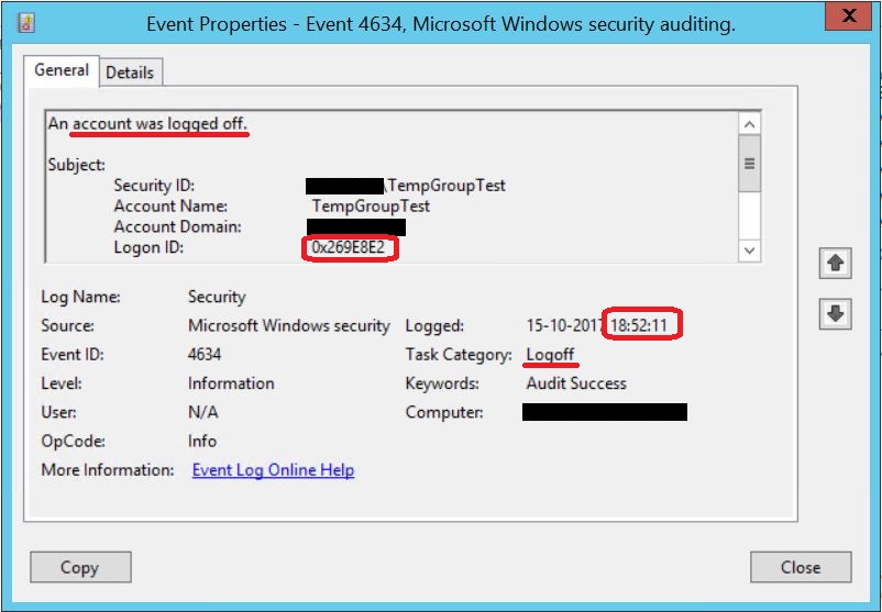 And the Logon Session for this Logon ID is not destroyed until 6:52 PM, when the user disconnects from the share, and the SMB session is closed.