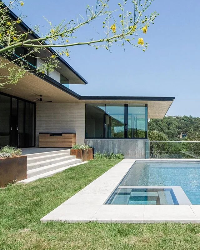 The design of our #cedaroakresidence uses deep overhangs for shading the southern sun and the pool is located where it can get plenty of light throughout the day. It's great seeing it all come together in the end! Landscaping by @studiobalcones ⁠⠀
.⁠