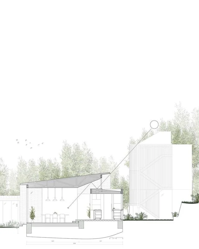 This section drawing through our #1700atx project shows the kitchen volume helping to bounce light into the dining area.⁠⠀
⁠⠀
The house is fully supported by concrete piers for maximum stability in clay soils. The bonus crawlspace is also great for a