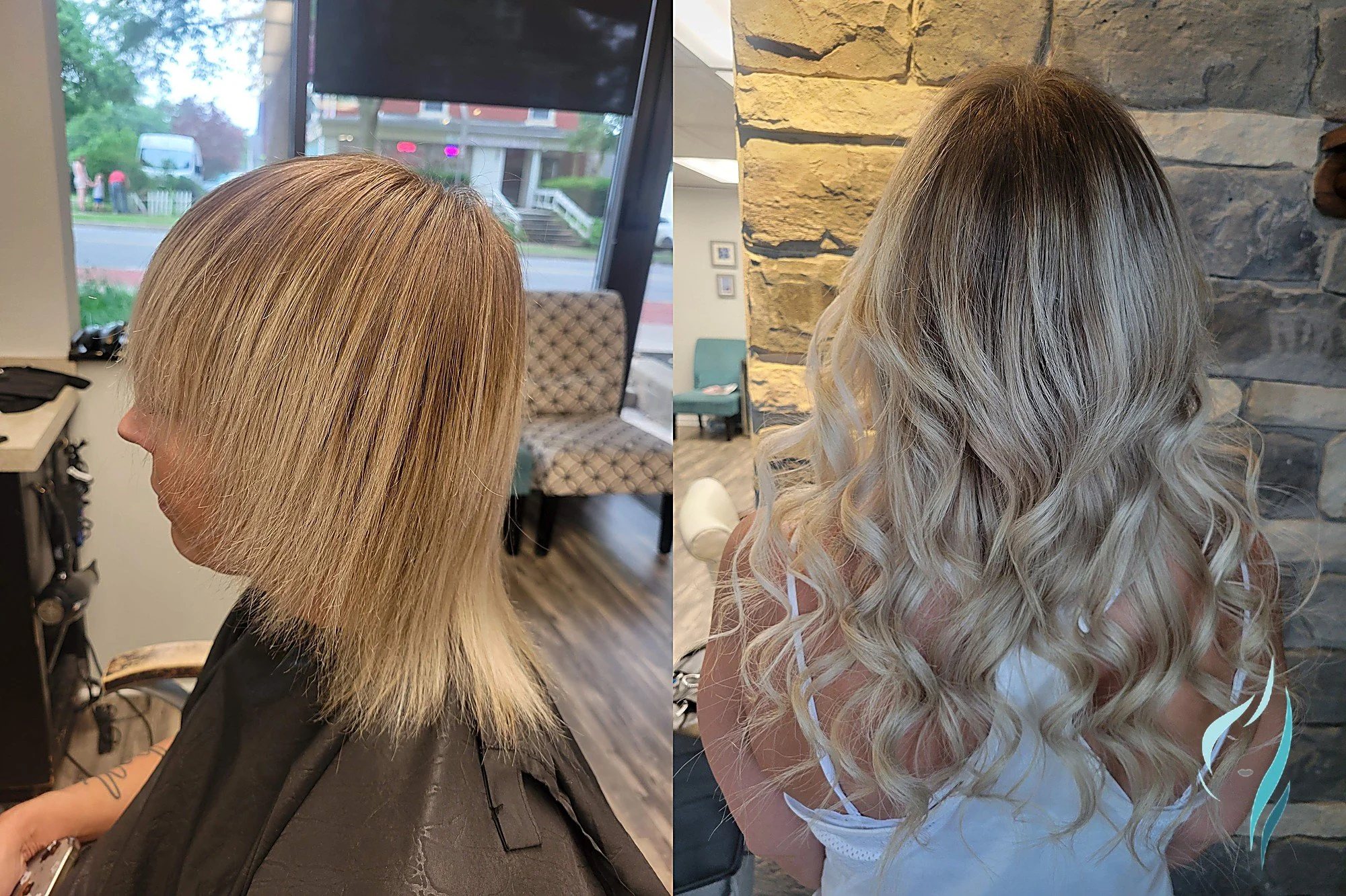 Hair extensions transformation with blonde highlights at Changing Times Hair Designs, State College, PA.