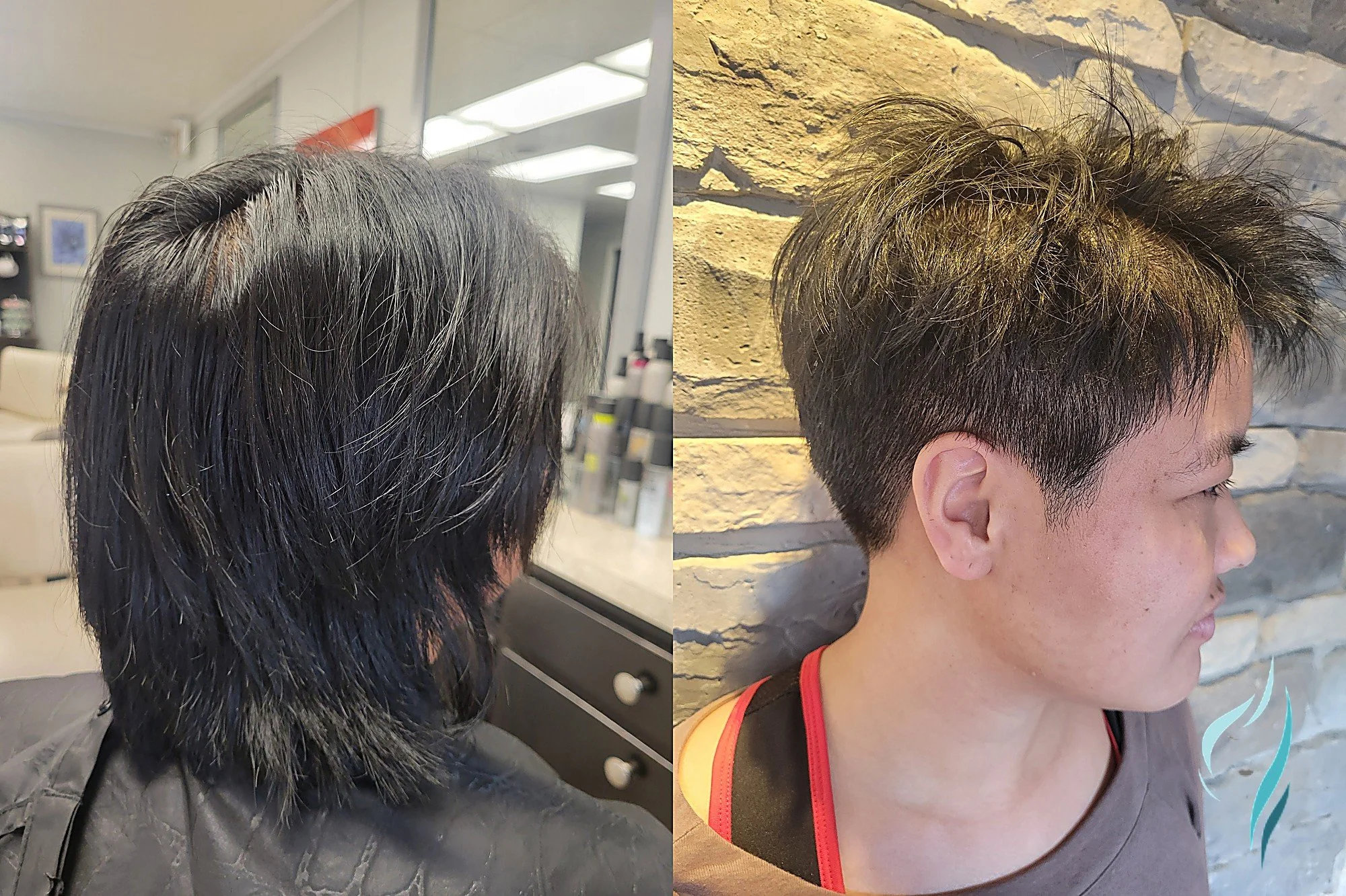 A before and after of a short textured haircut at Changing Times Hair Designs, State College, PA.