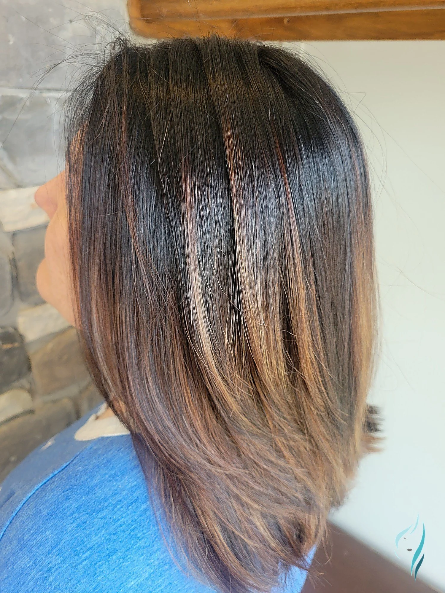 Dimensional brunette balayage with copper highlights by Changing Times Hair Designs, State College, PA.