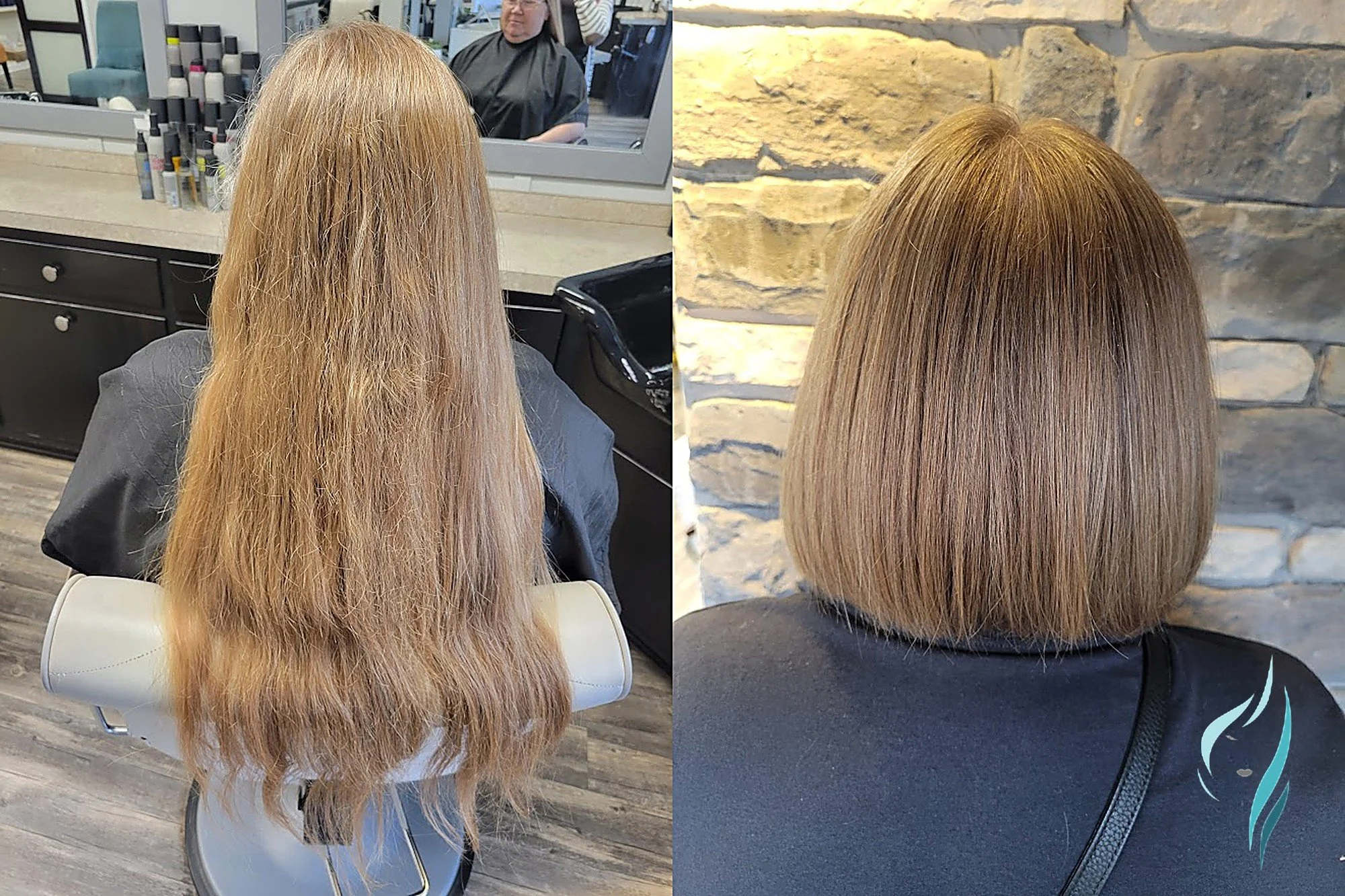 Before and after of a sleek blonde blunt bob transformation at Changing Times Hair Designs, State College, PA.
