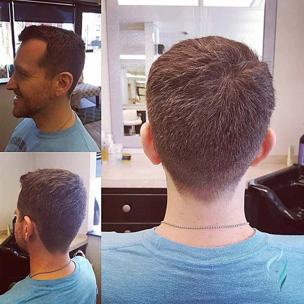 Professional men's tapered haircut shown from three angles at Changing Times Hair Designs, State College, PA.