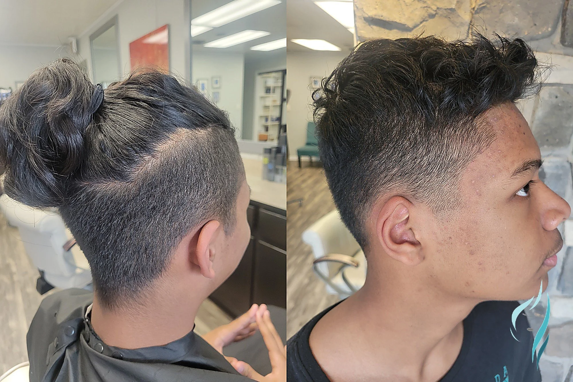 A precision skin fade with a top knot style at Changing Times Hair Designs, State College, PA.