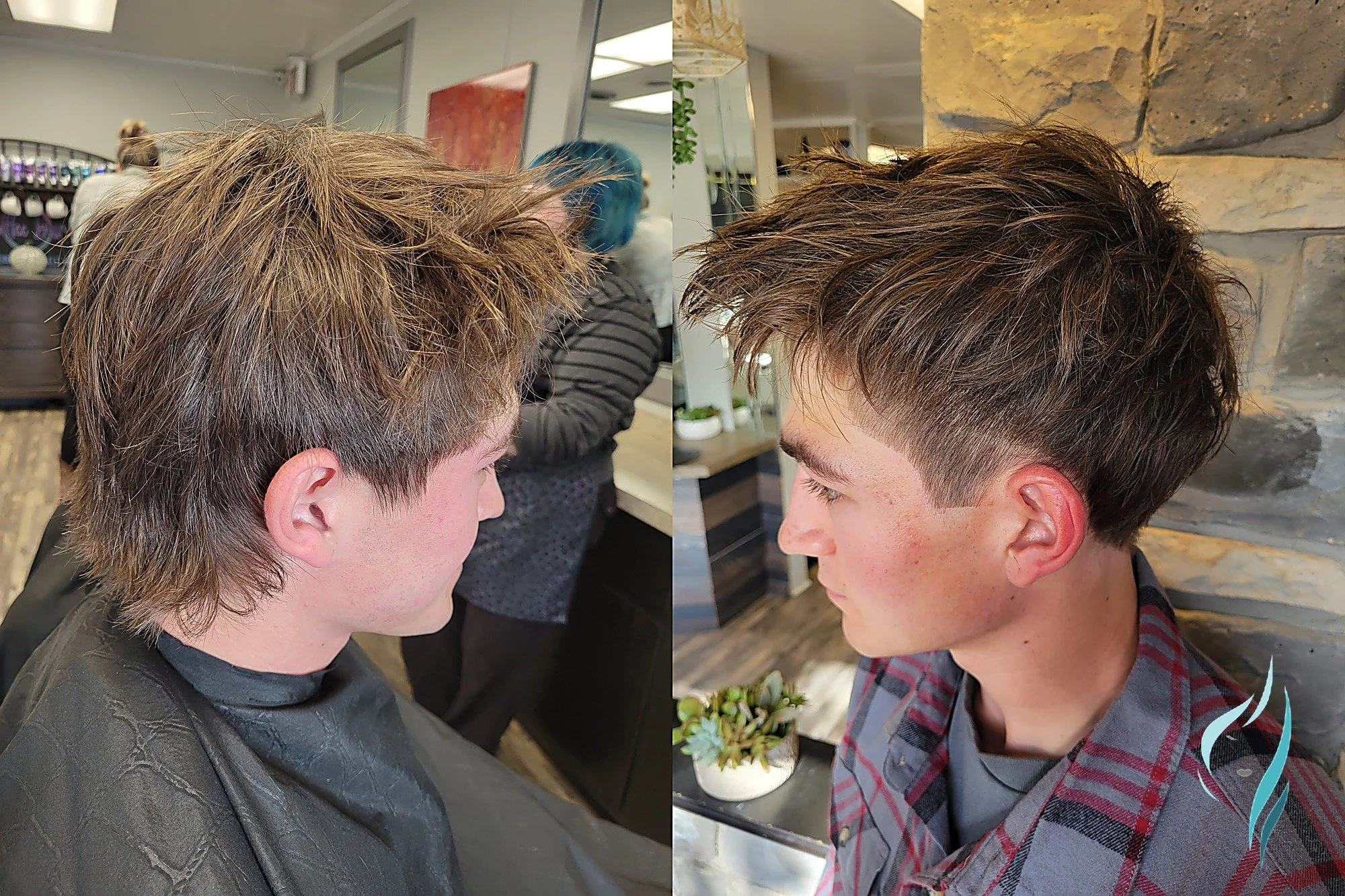Before and after of a textured men's haircut at Changing Times Hair Designs, State College, PA.