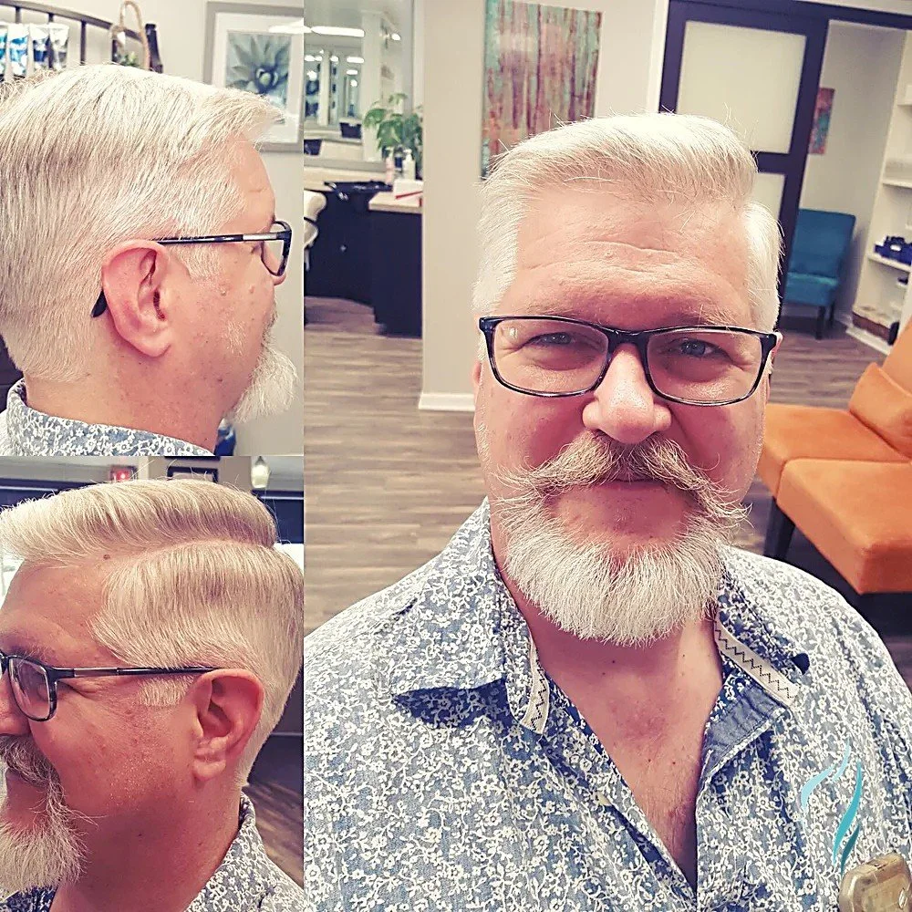 Short silver hair and a groomed beard at Changing Times Hair Designs, State College, PA.
