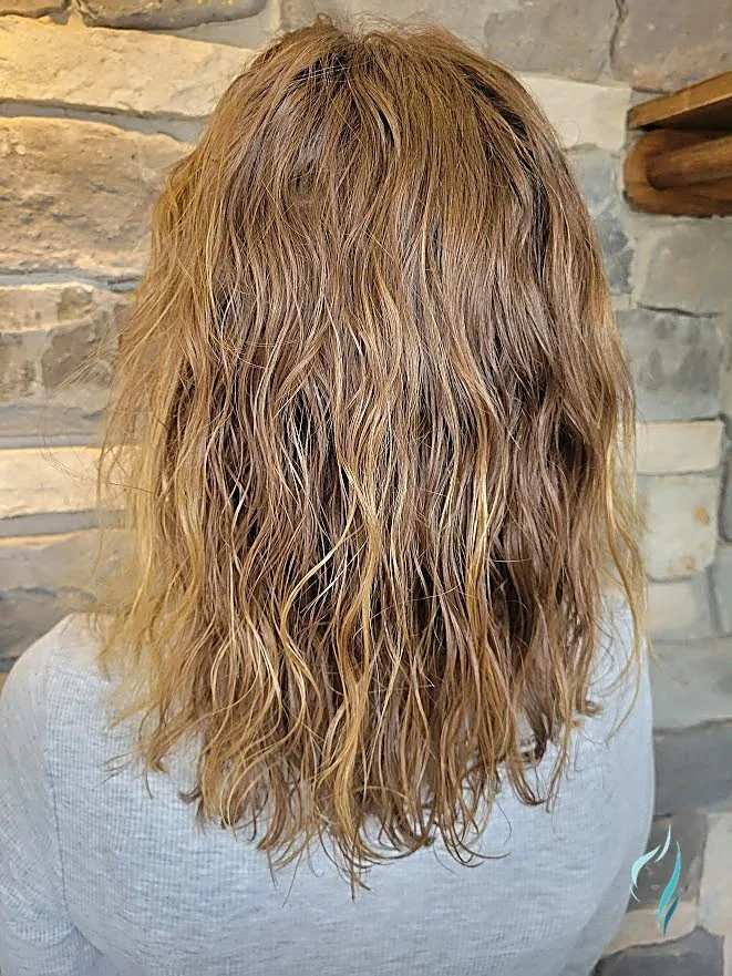 Lived-in sandy blonde textured hair by Changing Times Hair Designs, State College, PA.
