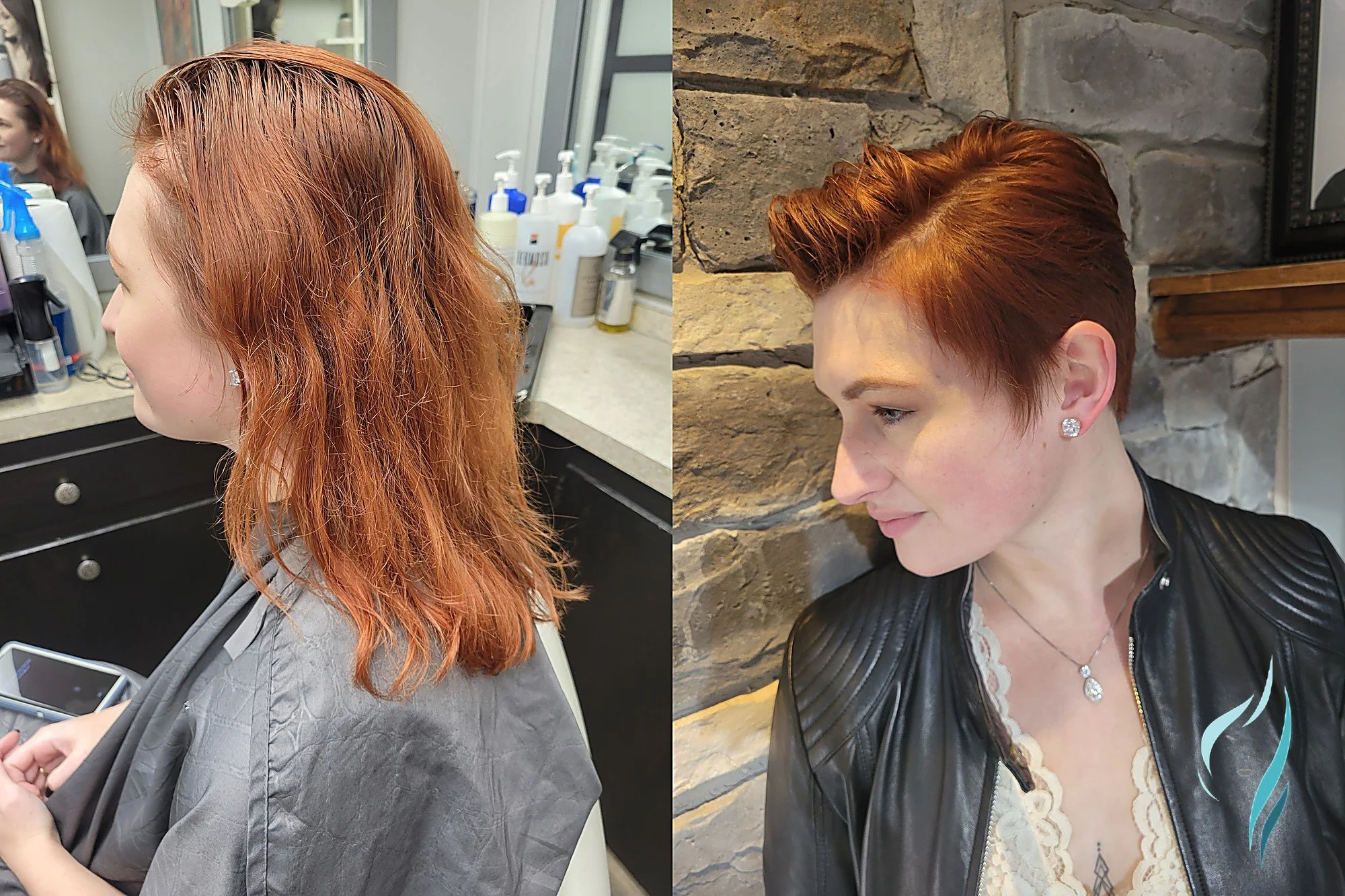 A woman with a new short copper pixie haircut at Changing Times Hair Designs, State College, PA.