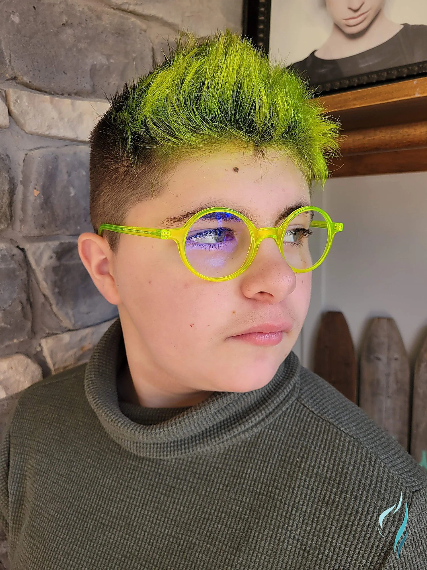 Neon green short textured haircut and fade at Changing Times Hair Designs, State College, PA.