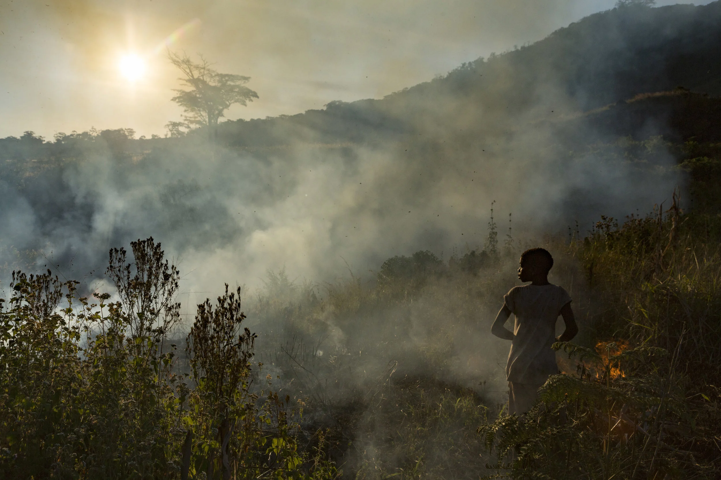 JEN GUYTON www.jenguyton.com | @jenguyton A girl stands by as her family's farm burns in preparation for crop planting on Mount Gorongosa, which is a part of Gorongosa National Park, Mozambique. The Mountain boasts the southernmost fragment of ancient Congolese rainforest, and is home to a number of endemic species. Fire, which is overwhelmingly man-made here, is a major threat to this ecosystem, which naturally has very low fire frequency. The mountain has been a hotspot of civil conflict since the Mozambican Civil War that raged from 1975-1992. For the last decade or so, it has been the home base of RENAMO, the rebel army. Meanwhile, there are 10,000 people subsistence farming on the mountain’s poor rainforest soil. To make that living, they must cut a new patch of forest each year. In 2013, less than half of the forest remained; since then, the clearing has accelerated as people are forced into the forest from the open lowlands when armed conflict between RENAMO and government forces flares.