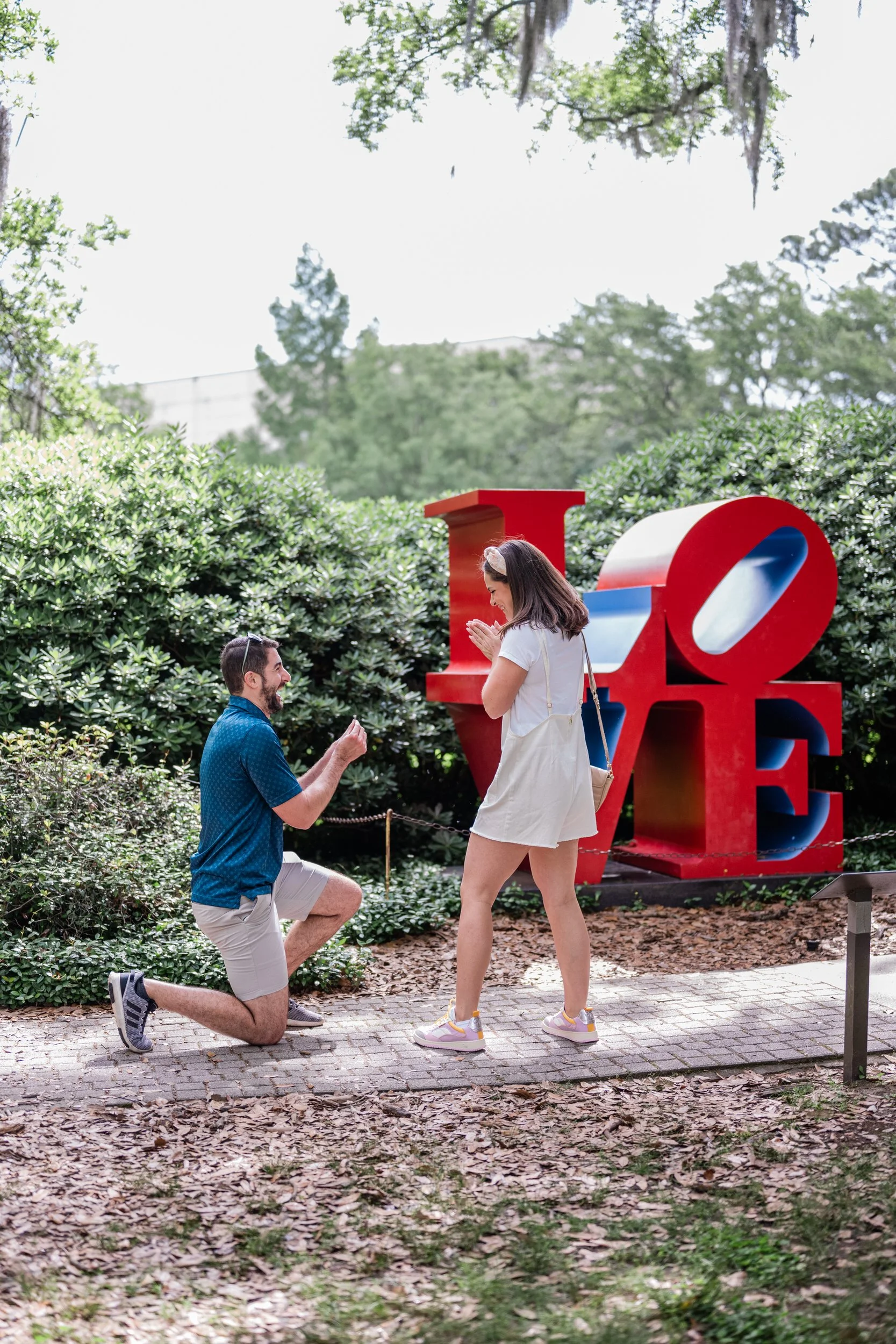 A person kneeling down and proposing to their shocked partner
