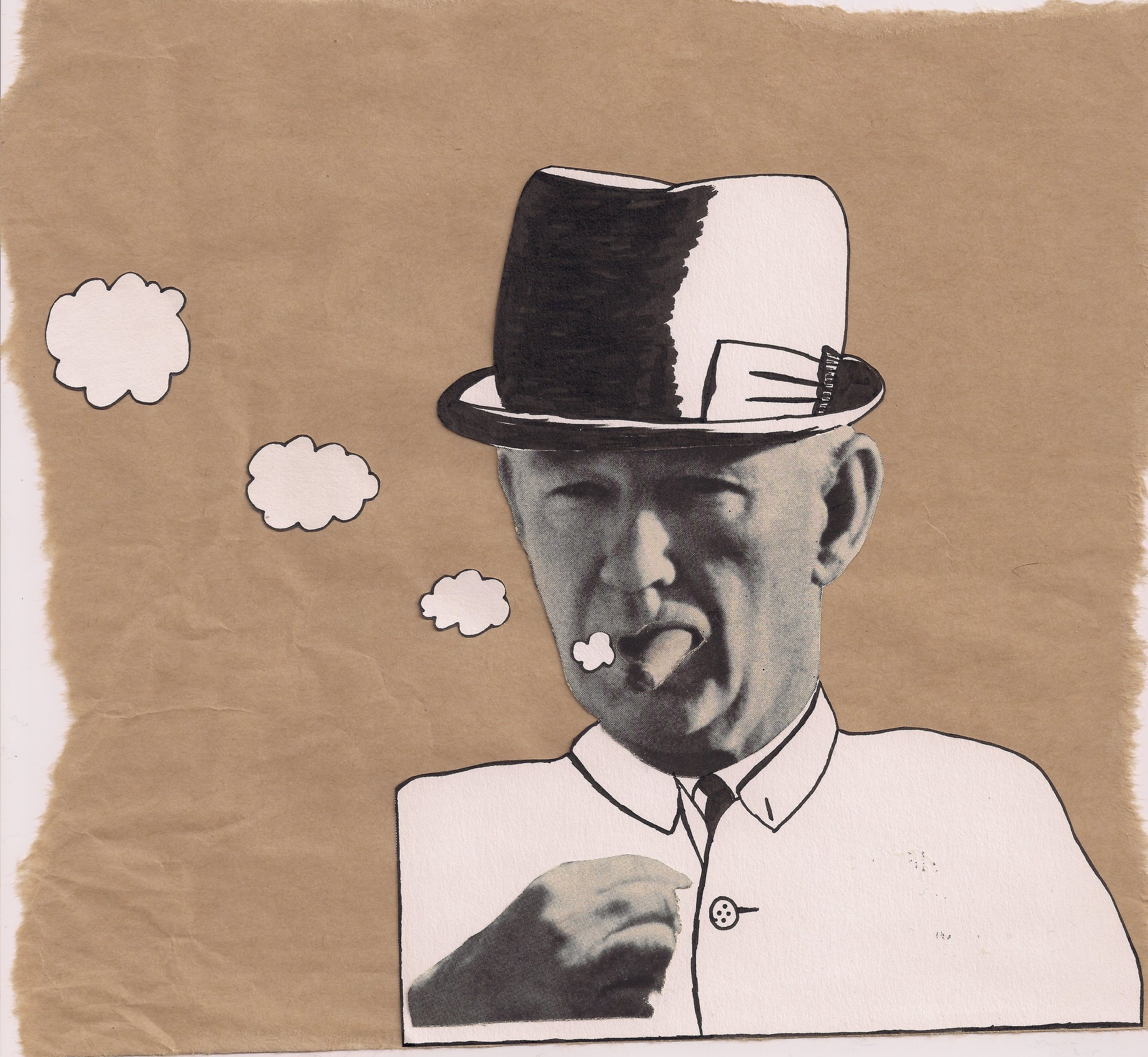 Collage of man in suit with fedora and thought bubbles