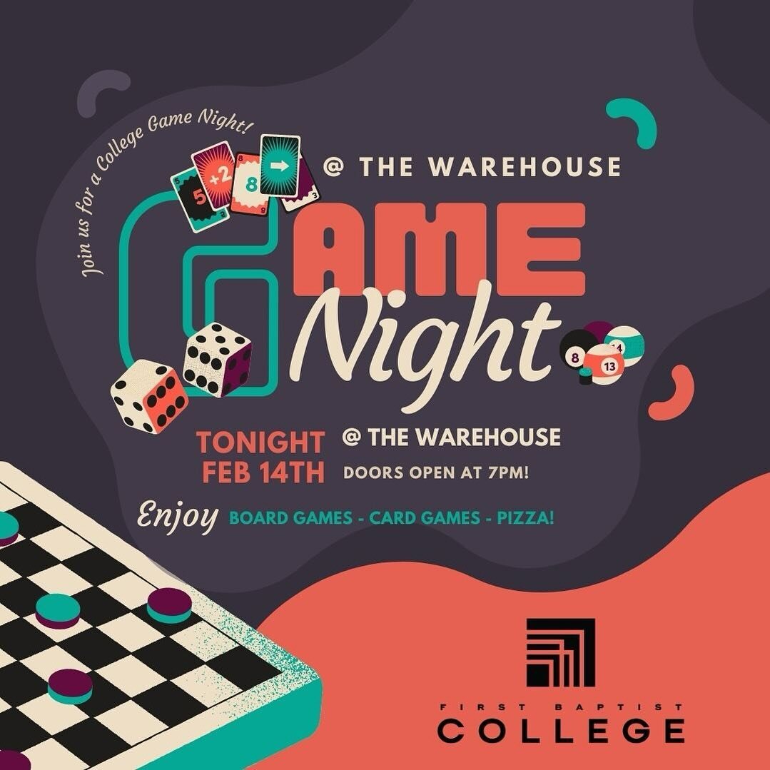 Join us for our first College Game Night of the semester! Pizza and games start at 7pm! Invite a friend, and hope to see you there!