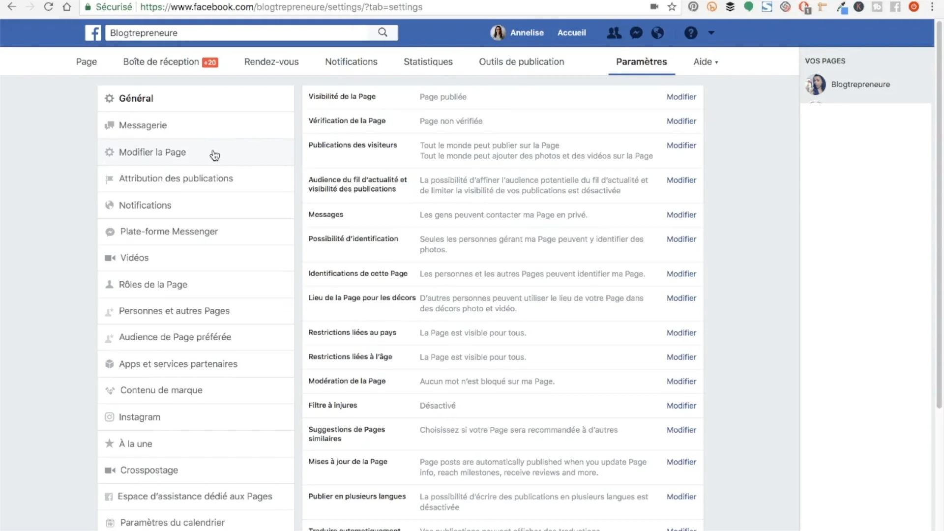 modifier page facebook