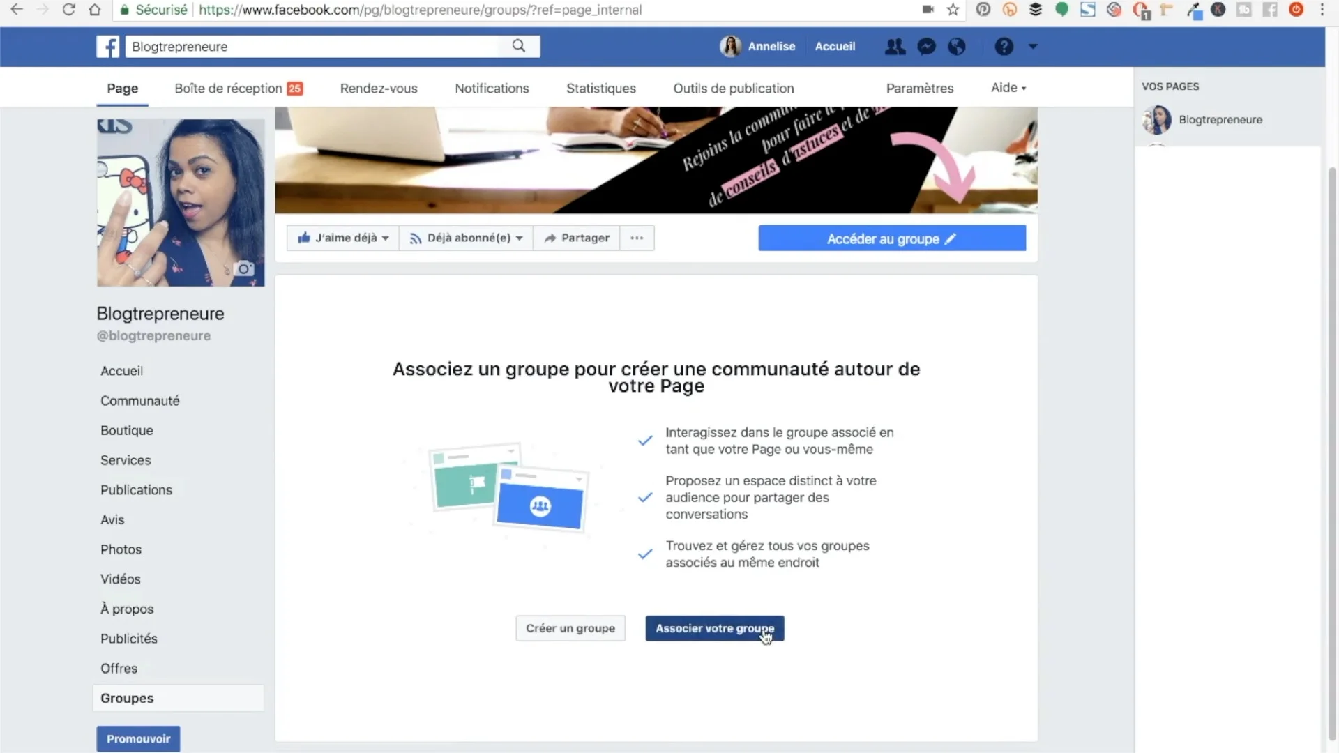 associer page et groupe