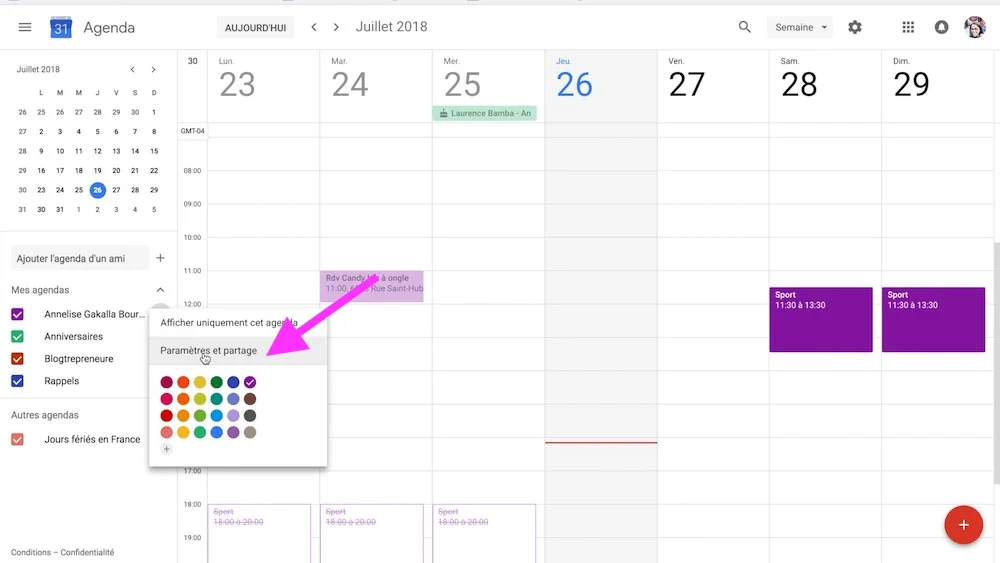 paramètre et partage google calendar