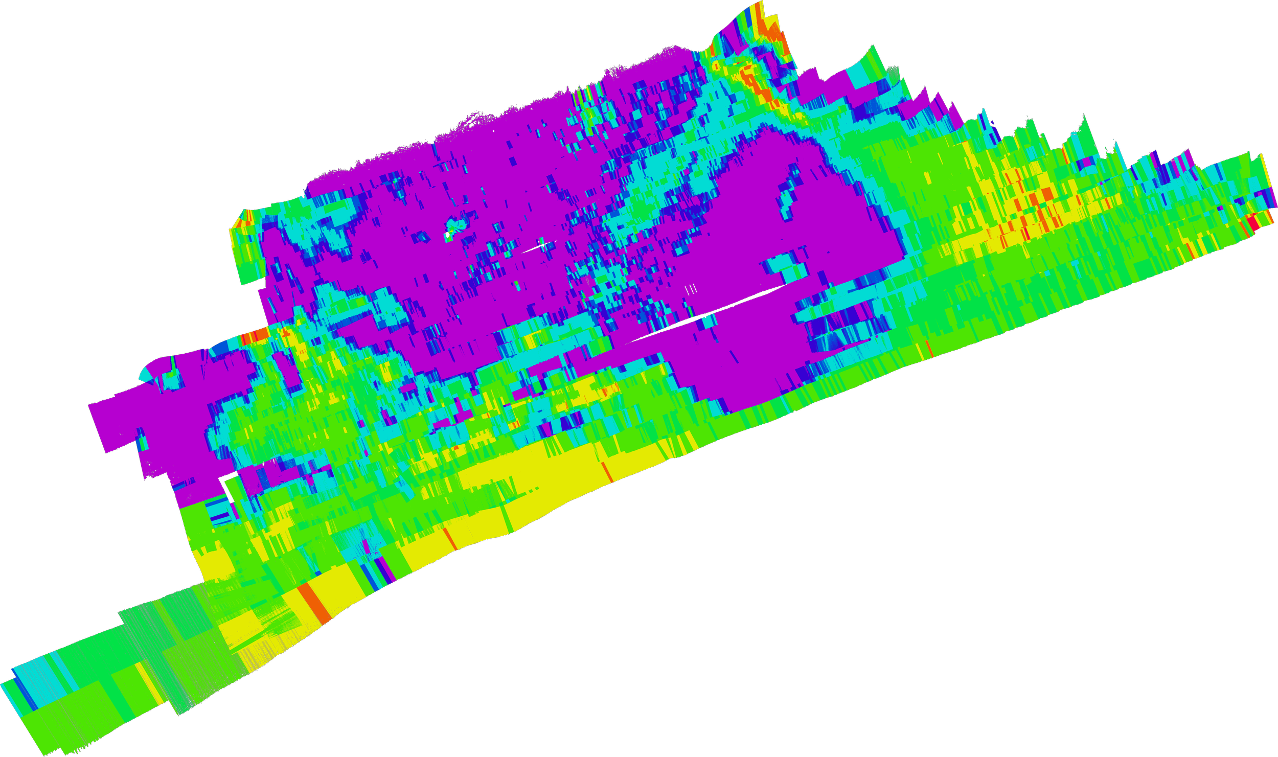 Hat Island: This ARA Calibrated Beam Backscatter image represents sand infiltration into a bull kelp bed lowering the habitable seafloor for the kelp. The purple section is the kelp bed and the green swath flowing through the middle is the sand infil