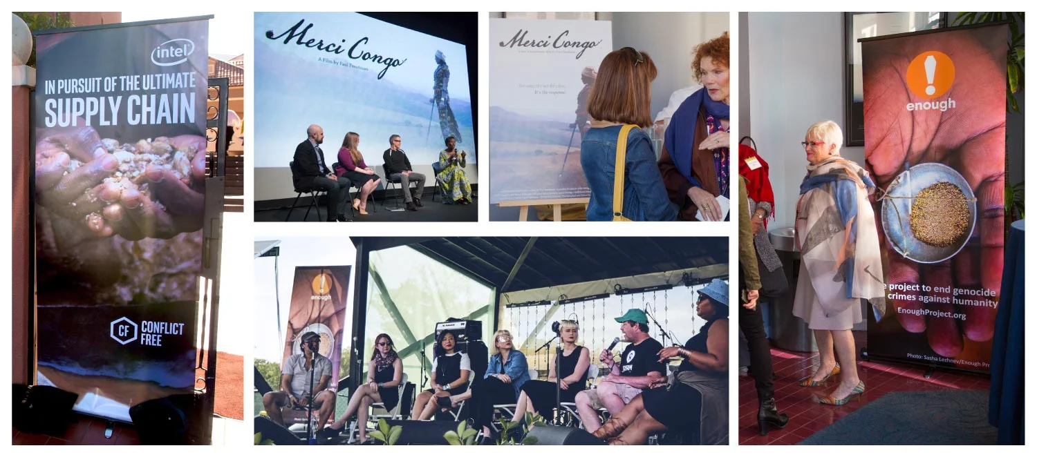 Clockwise from far left: Intel Conflict-Free banner outside a screening; on-screen poster adaptation during panel discussion; Merci Congo poster at a screening reception; Enough Project banner at a screening reception; Enough Banner on-stage during Bonnaroo Q&A with filmmakers