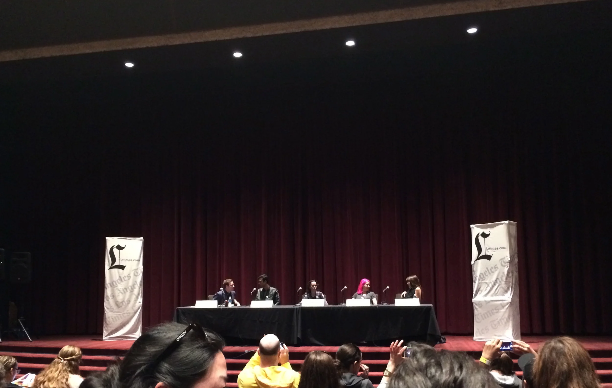THE HAIR, you guys. From left to right: John Corey Whaley (moderator), Soman Chainani, Cynthia Leitich Smith, Laini Taylor, and Margaret Stohl