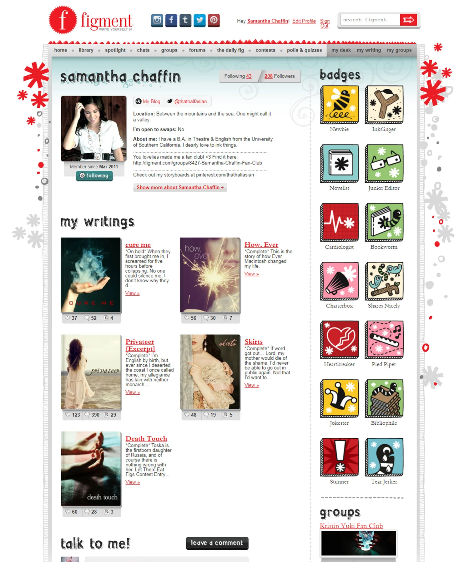 My Figment profile, with original covers by 18-year-old me.