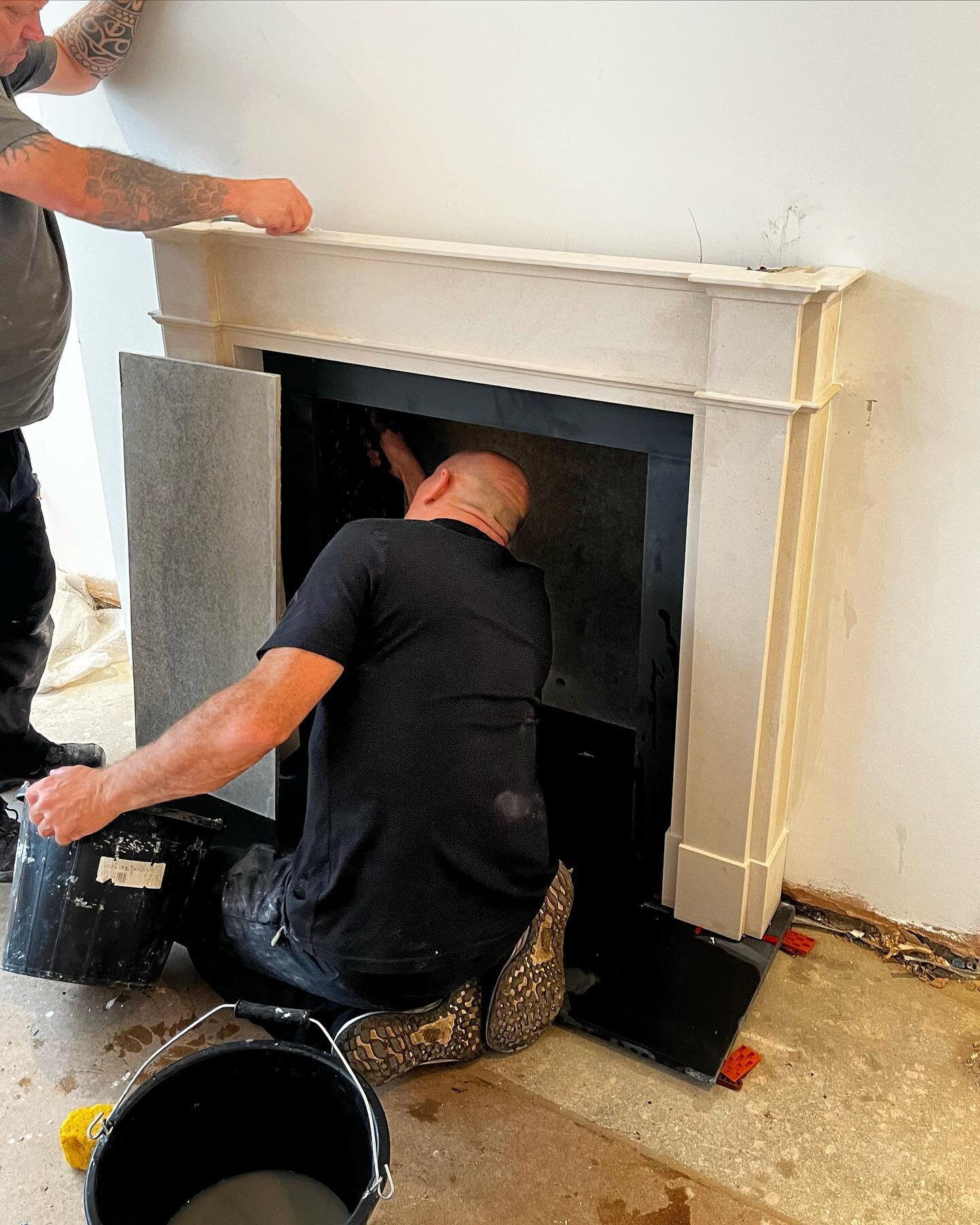 Chesney&rsquo;s fireplace being installed to our Richmond project. #fireplace #bigbeanconstruction #interiordesign #design #fire #architecture #beautiful #stone #london